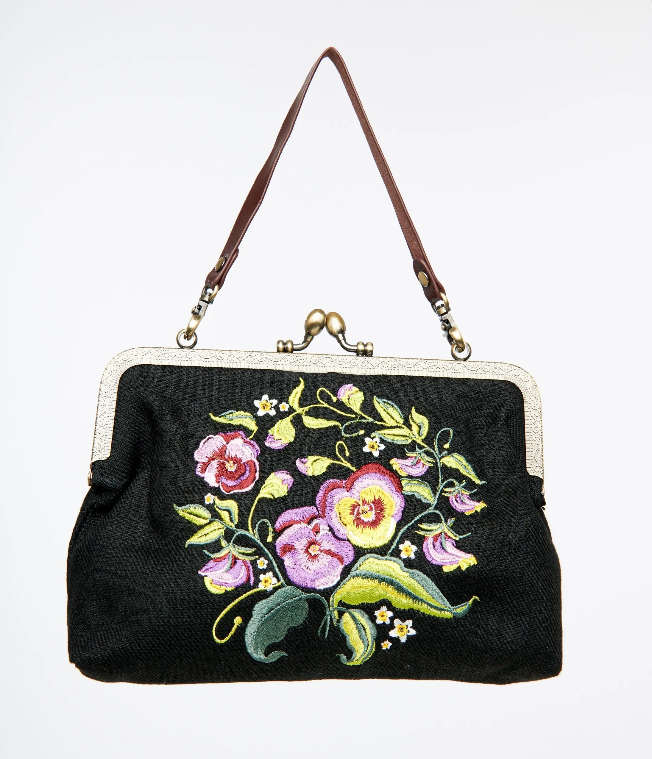 1950s Black & Purple Pansy Handbag