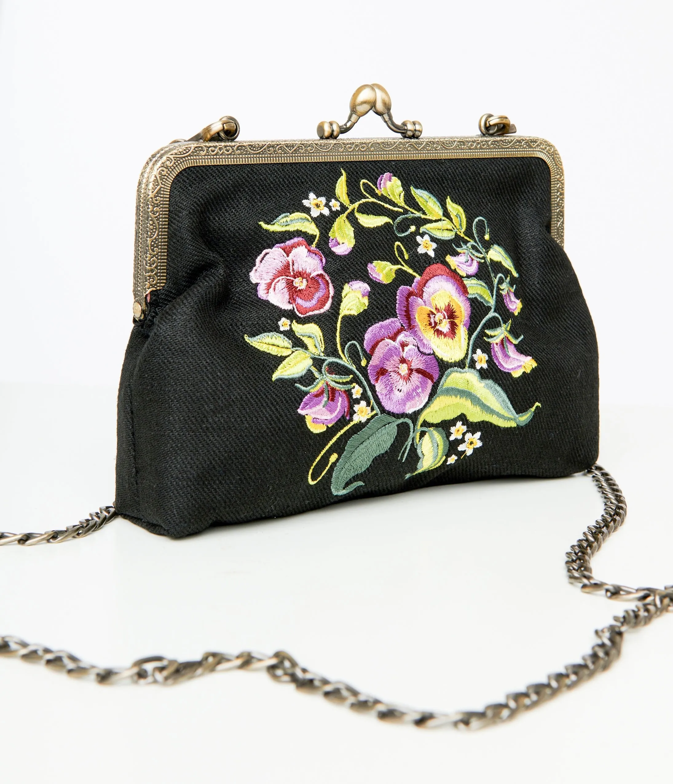 1950s Black & Purple Pansy Handbag