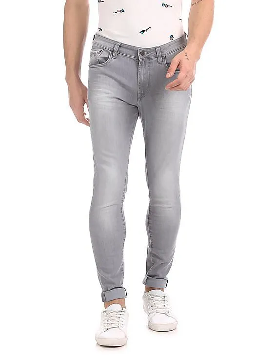 Aeropostale Men Light Grey Wash Super Skinny Whiskered Jeans