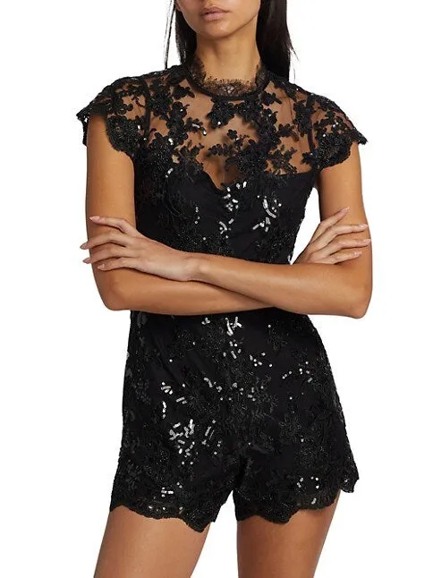 Alice + Olivia    Alaina Lace Romper Black