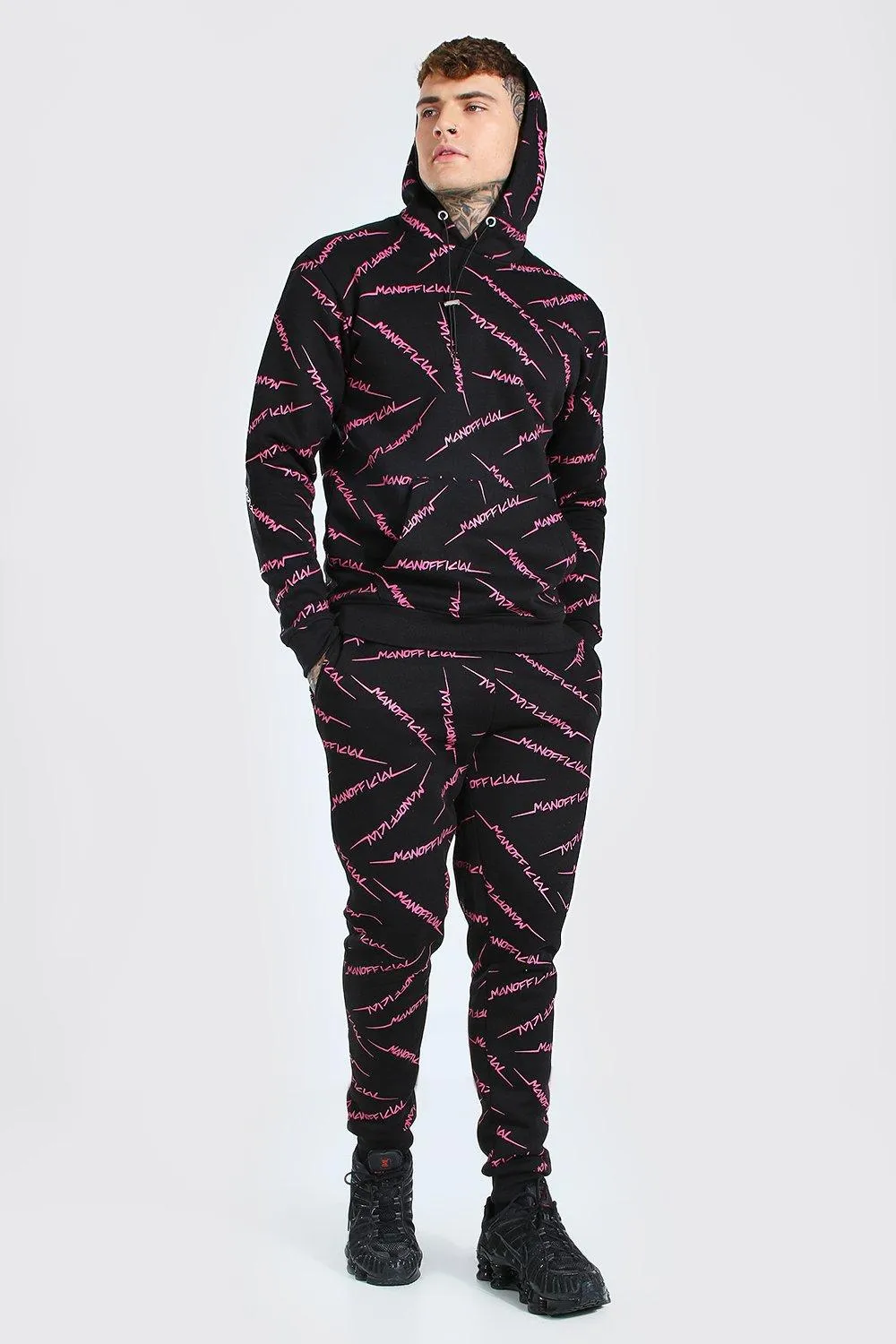 All Over MAN Official Printed Hooded Tracksuit | boohooMAN UK