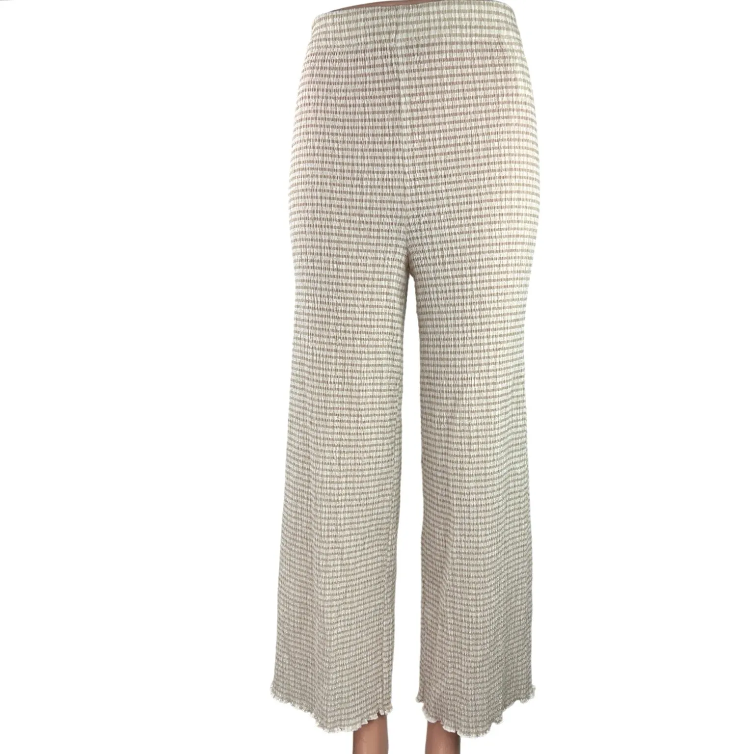 Aritzia Verona White Tan Wide-leg Seersucker Elastic Waist Crop Pants Trousers M