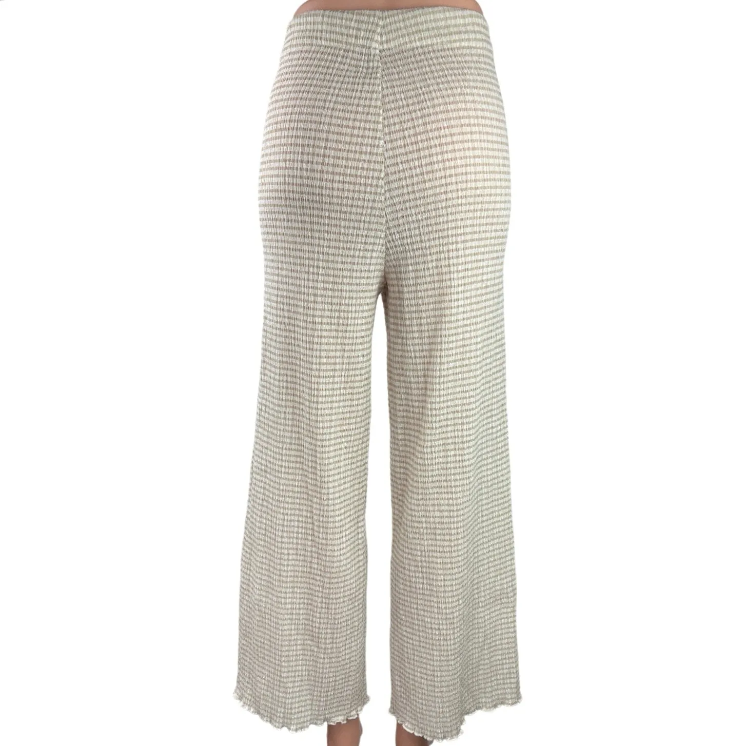 Aritzia Verona White Tan Wide-leg Seersucker Elastic Waist Crop Pants Trousers M