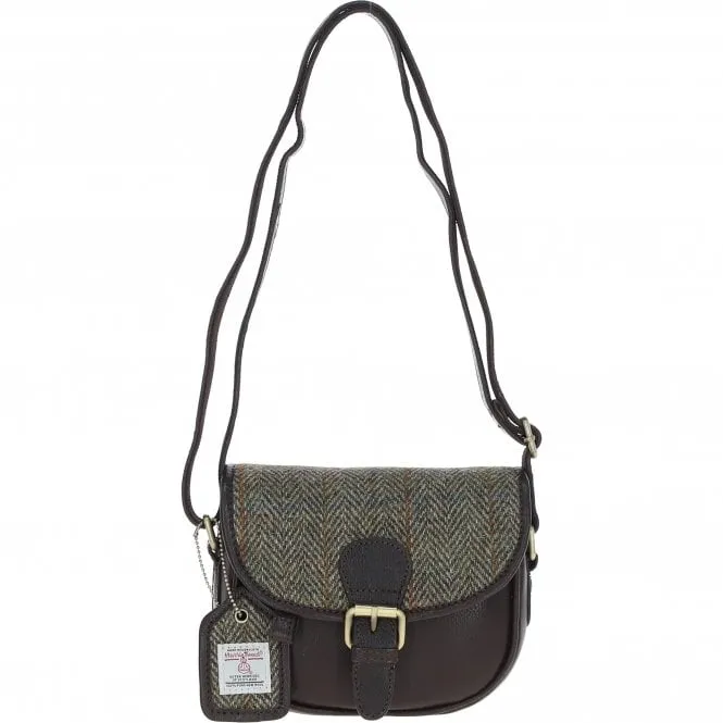 Ashwood Leather & Harris Tweed Saddle Bag Brown/Green: TW-26-09-BG