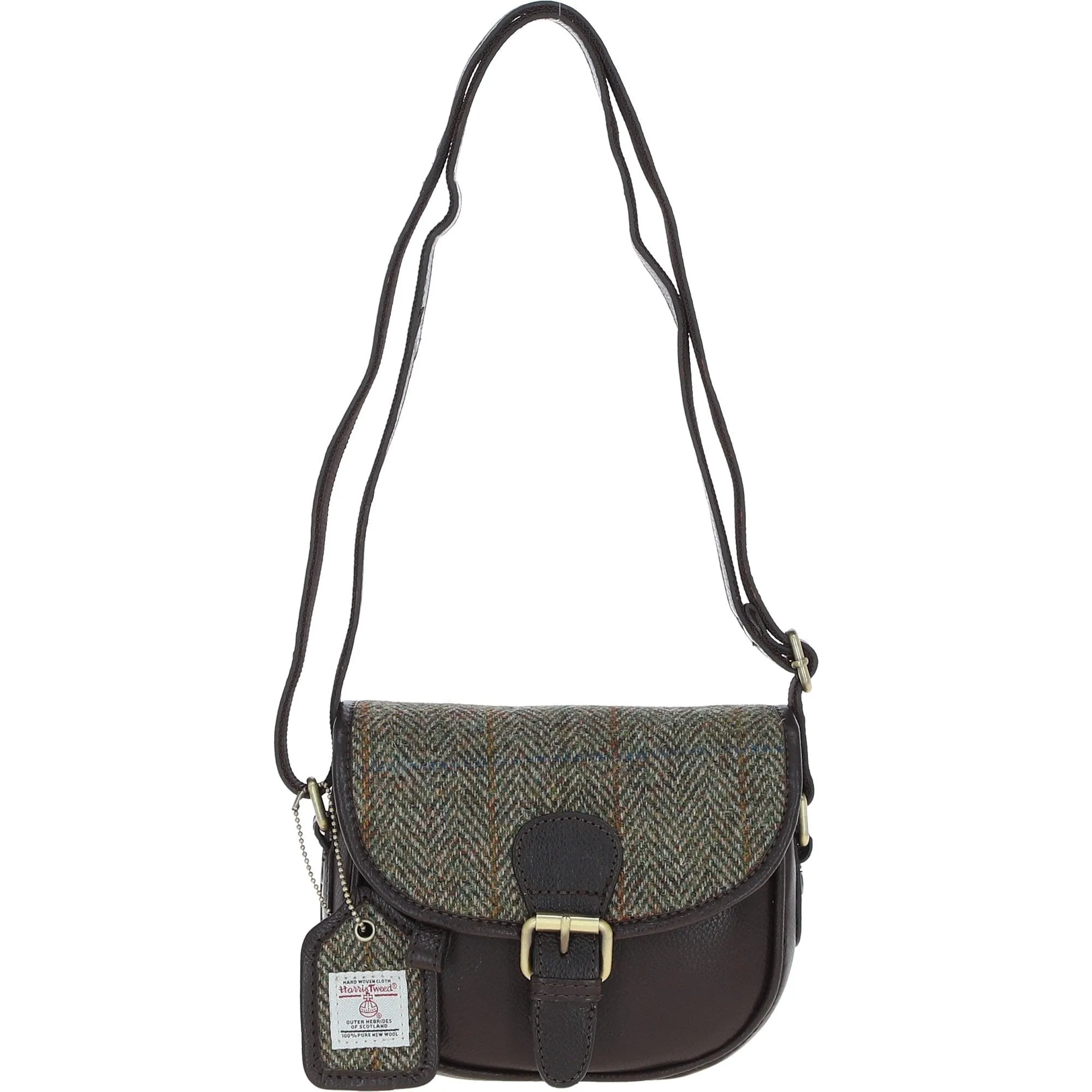 Ashwood Leather & Harris Tweed Saddle Bag Brown/Green: TW-26-09-BG