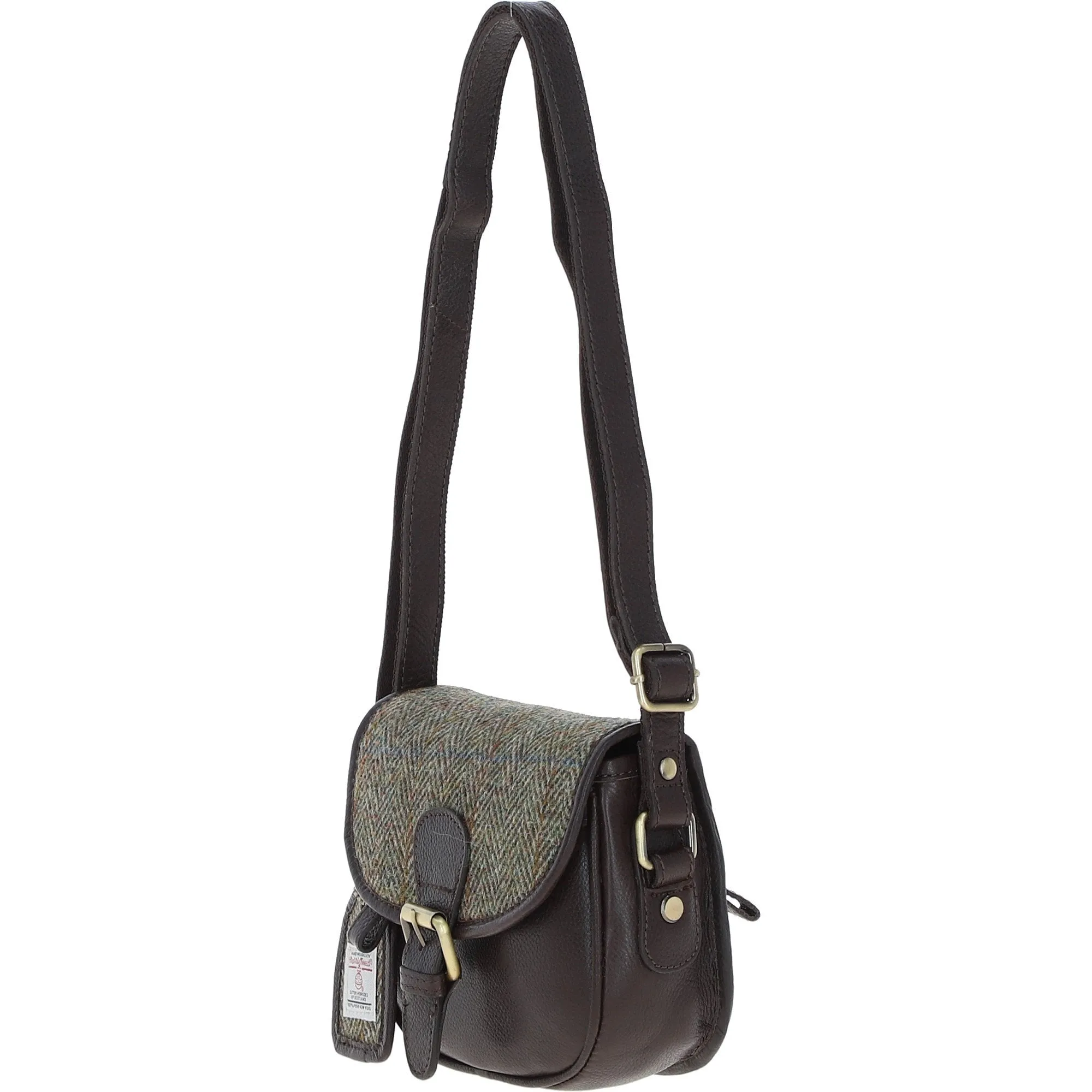 Ashwood Leather & Harris Tweed Saddle Bag Brown/Green: TW-26-09-BG