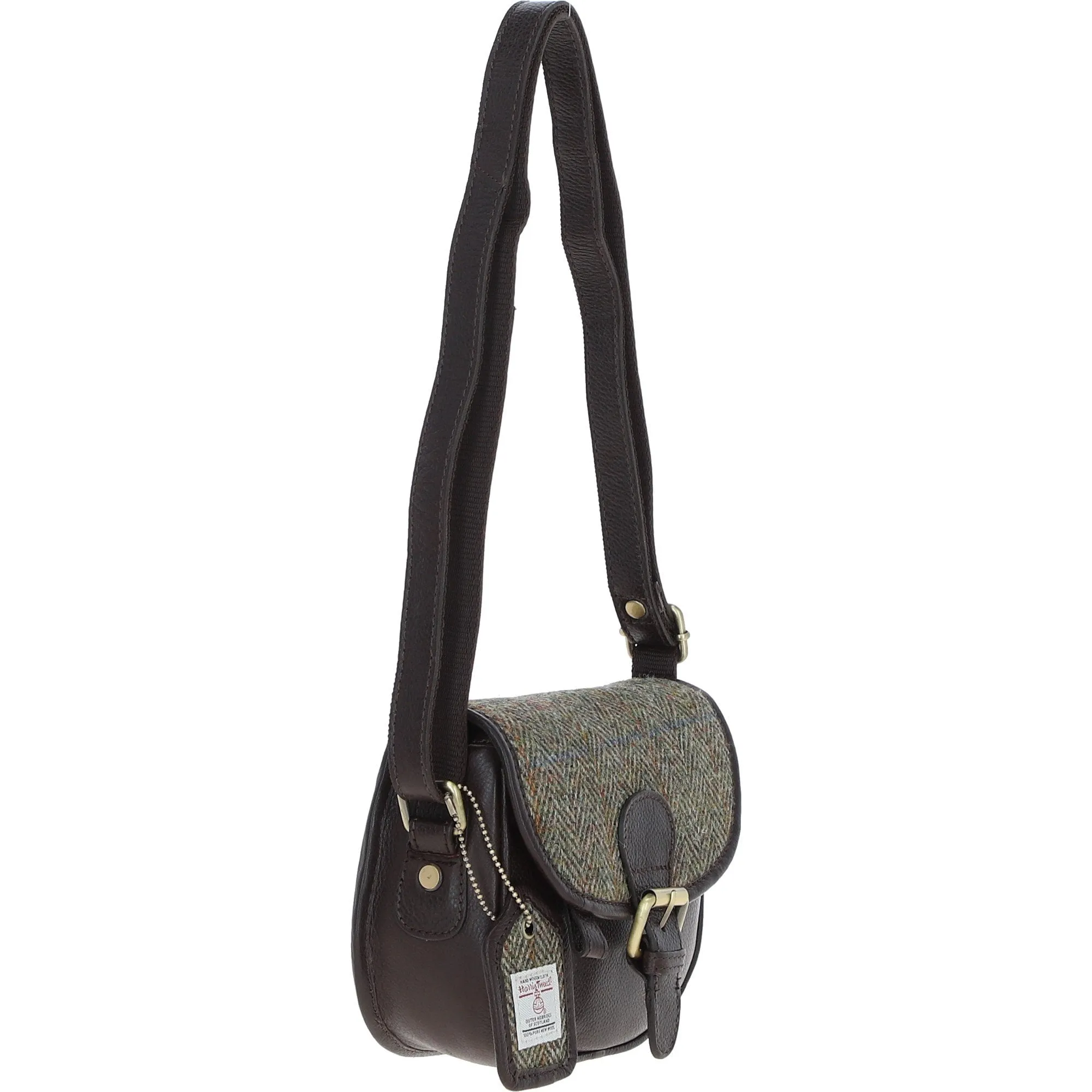 Ashwood Leather & Harris Tweed Saddle Bag Brown/Green: TW-26-09-BG