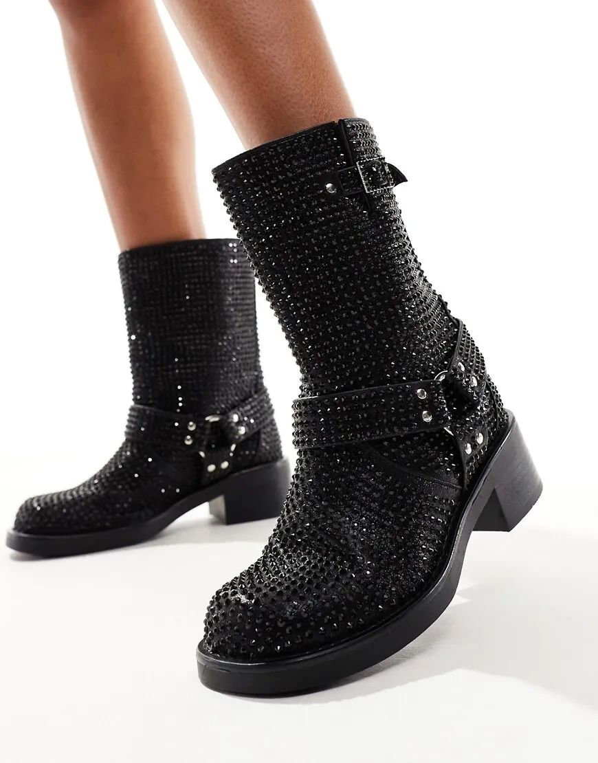 Azalea Wang Charity embellished biker boot in Black-Pink