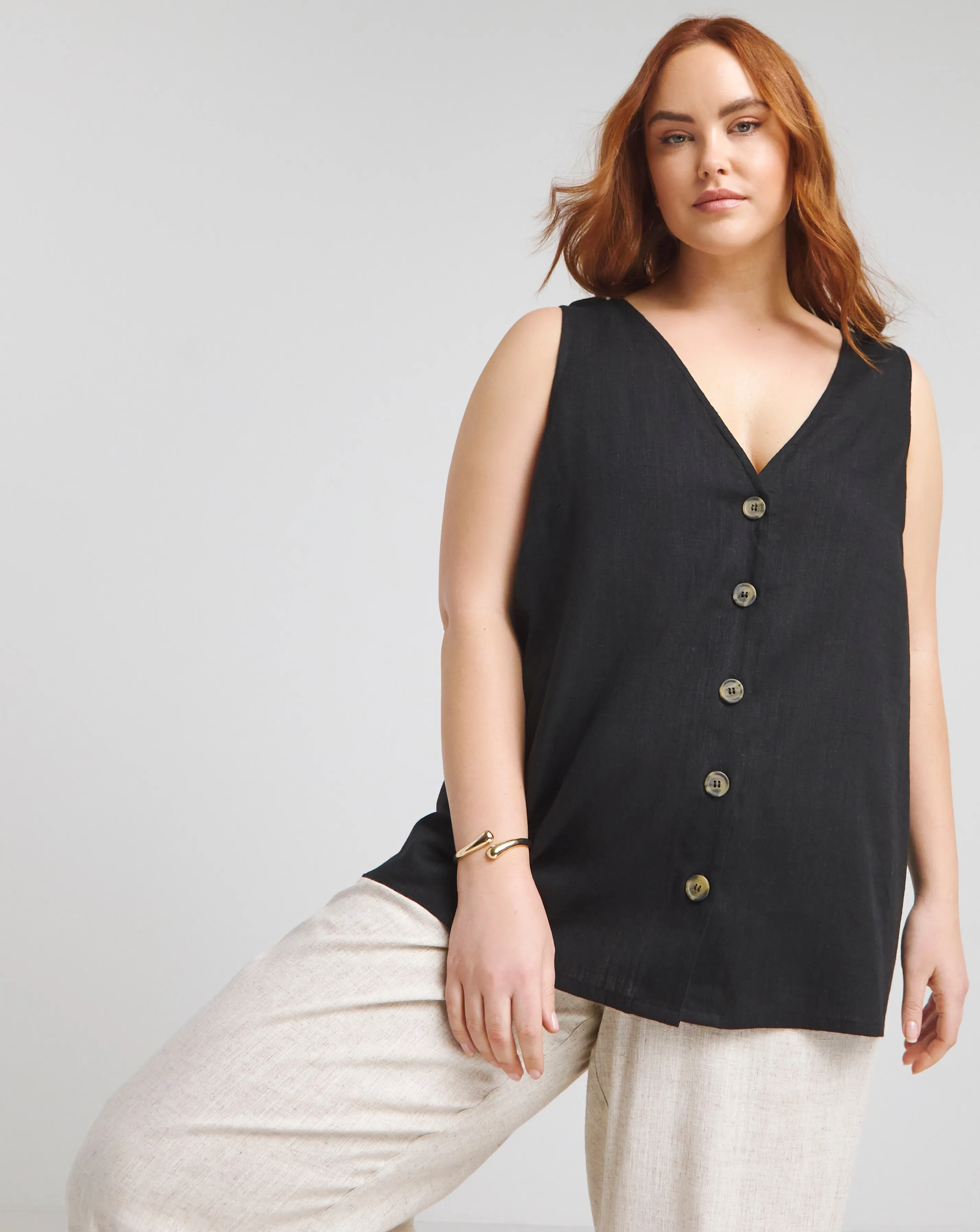 Black Linen Button Through Vest | Simply Be