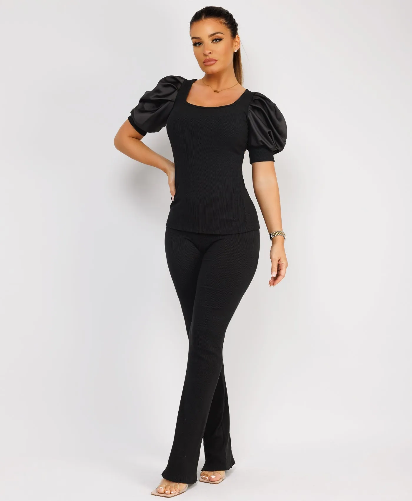 Black Satin Frill Puff Ribbed Top And Trousers Loungewear Set