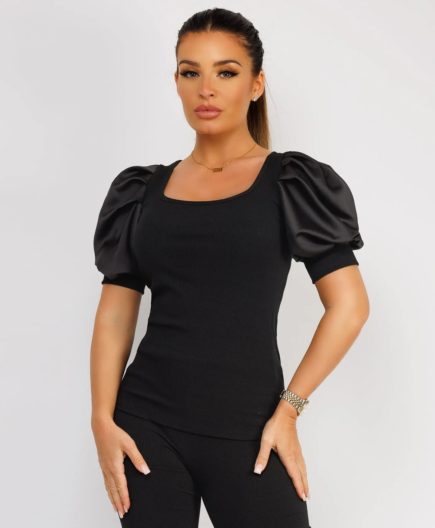 Black Satin Frill Puff Ribbed Top And Trousers Loungewear Set