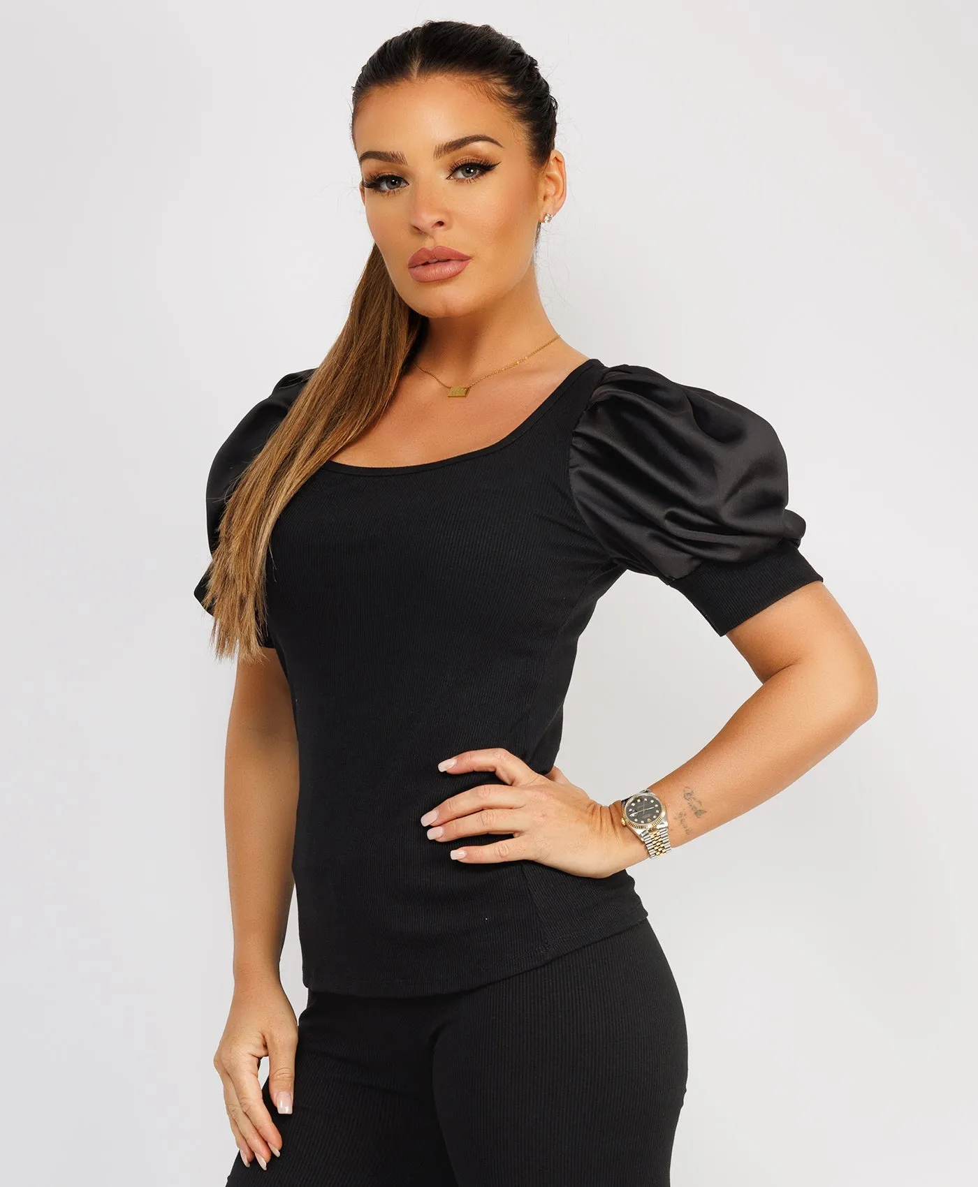 Black Satin Frill Puff Ribbed Top And Trousers Loungewear Set