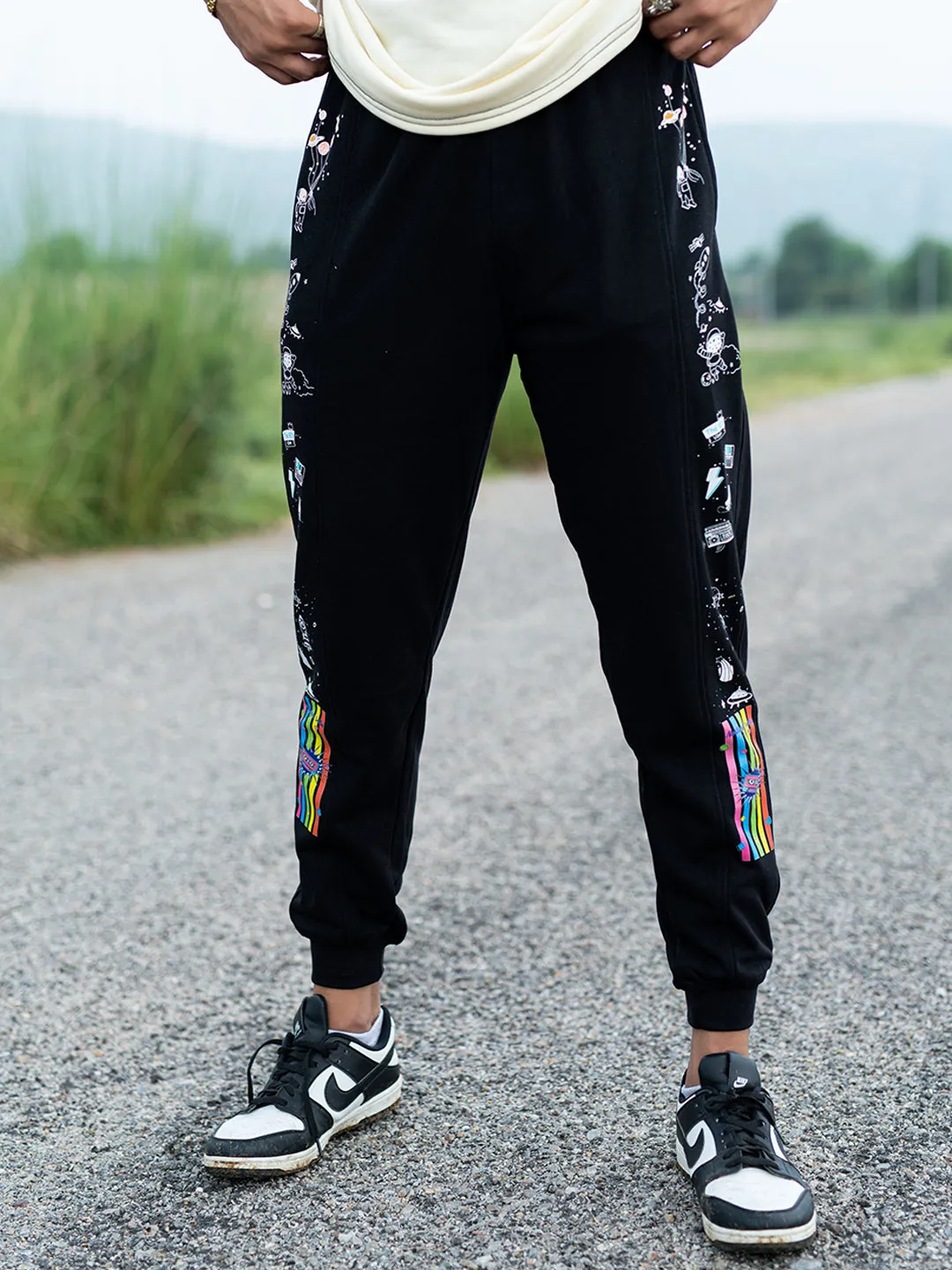 Black Space Printed Cotton Joggers For Men