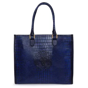 Blue Large Hand Bag in Deep Cut Croco Textured Leather