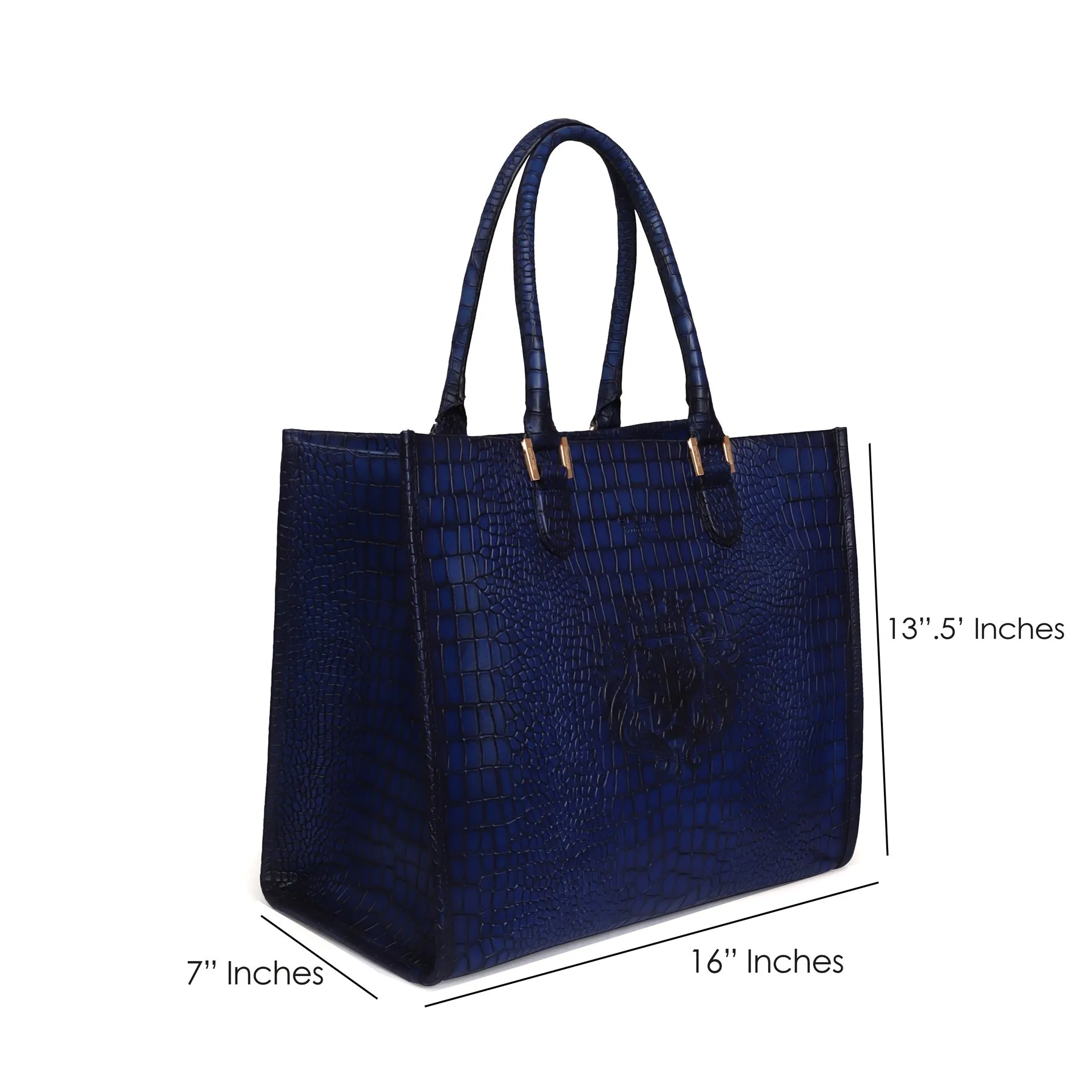 Blue Large Hand Bag in Deep Cut Croco Textured Leather