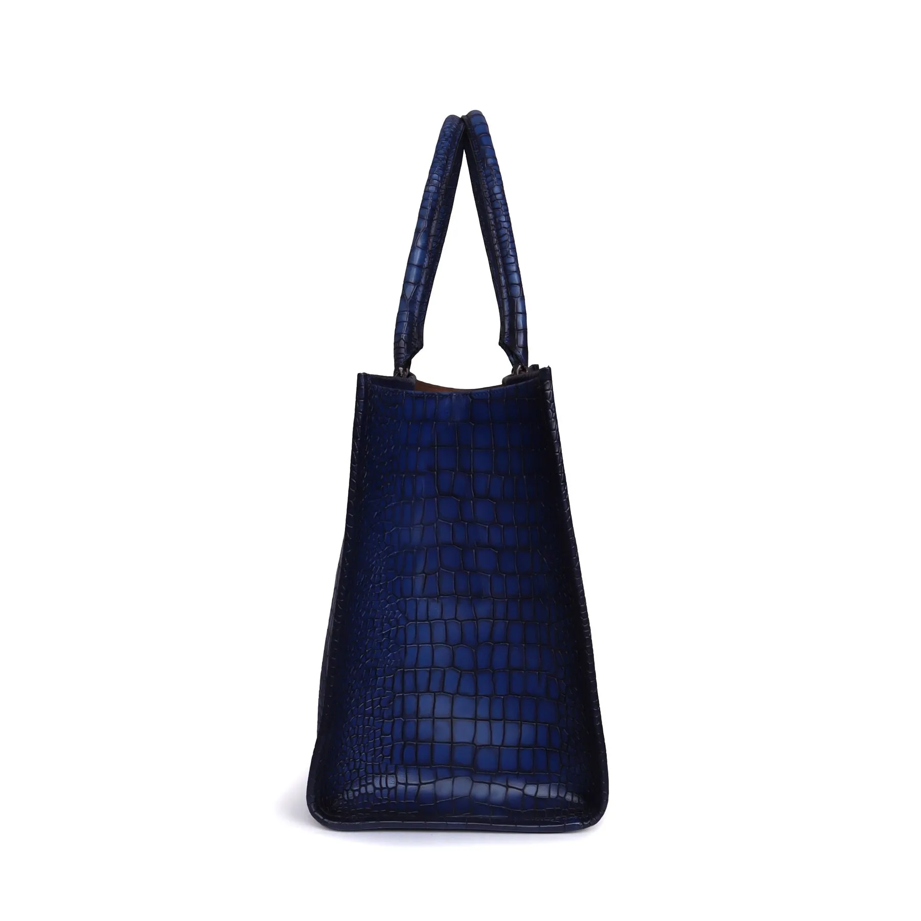 Blue Large Hand Bag in Deep Cut Croco Textured Leather