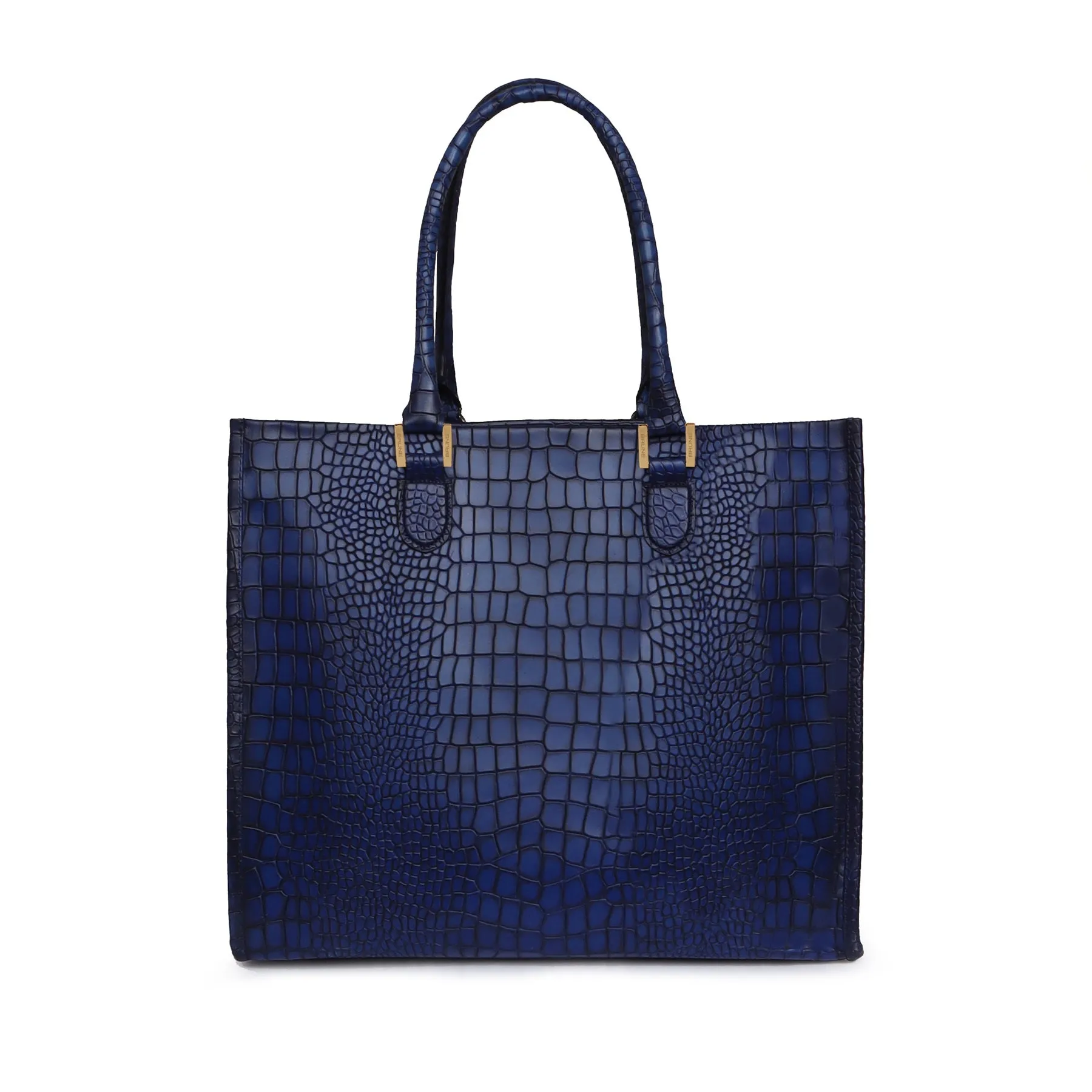 Blue Large Hand Bag in Deep Cut Croco Textured Leather