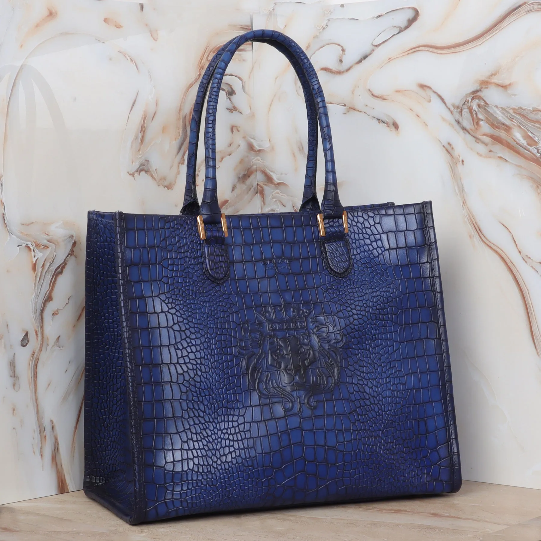 Blue Large Hand Bag in Deep Cut Croco Textured Leather