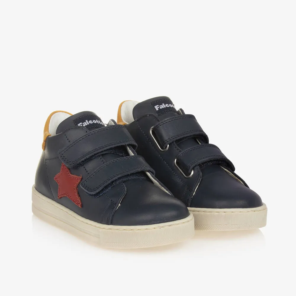 Boys Navy Blue Leather Velcro Trainers