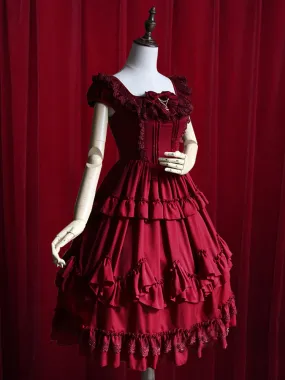 Burgundy Lolita Dress Ruffles Cotton Dress for Women