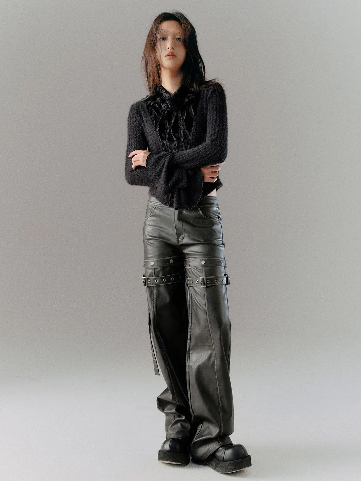 Button Deconstructed Leather Straight Trousers