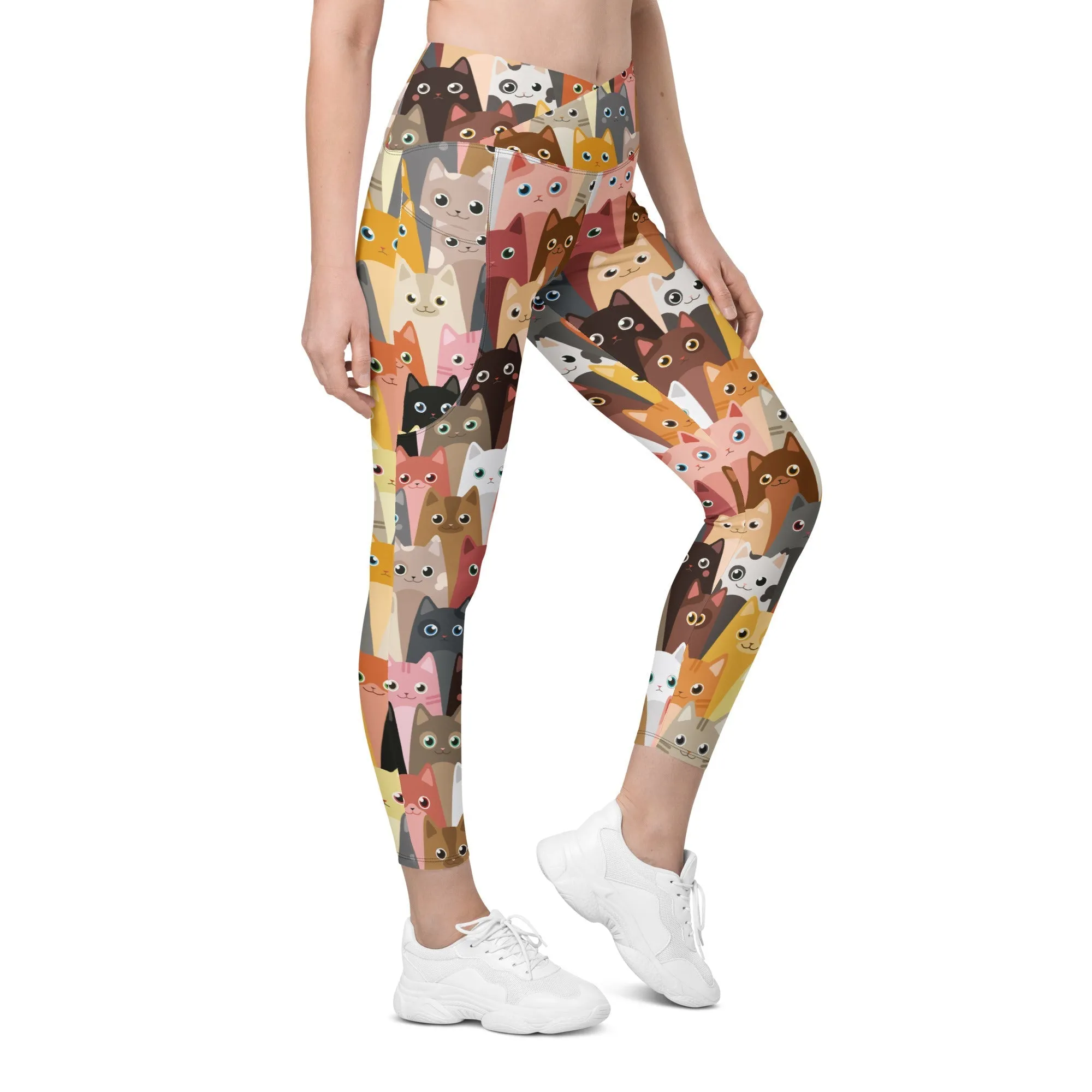 Cartoon Cats Crossover Leggings With Pockets