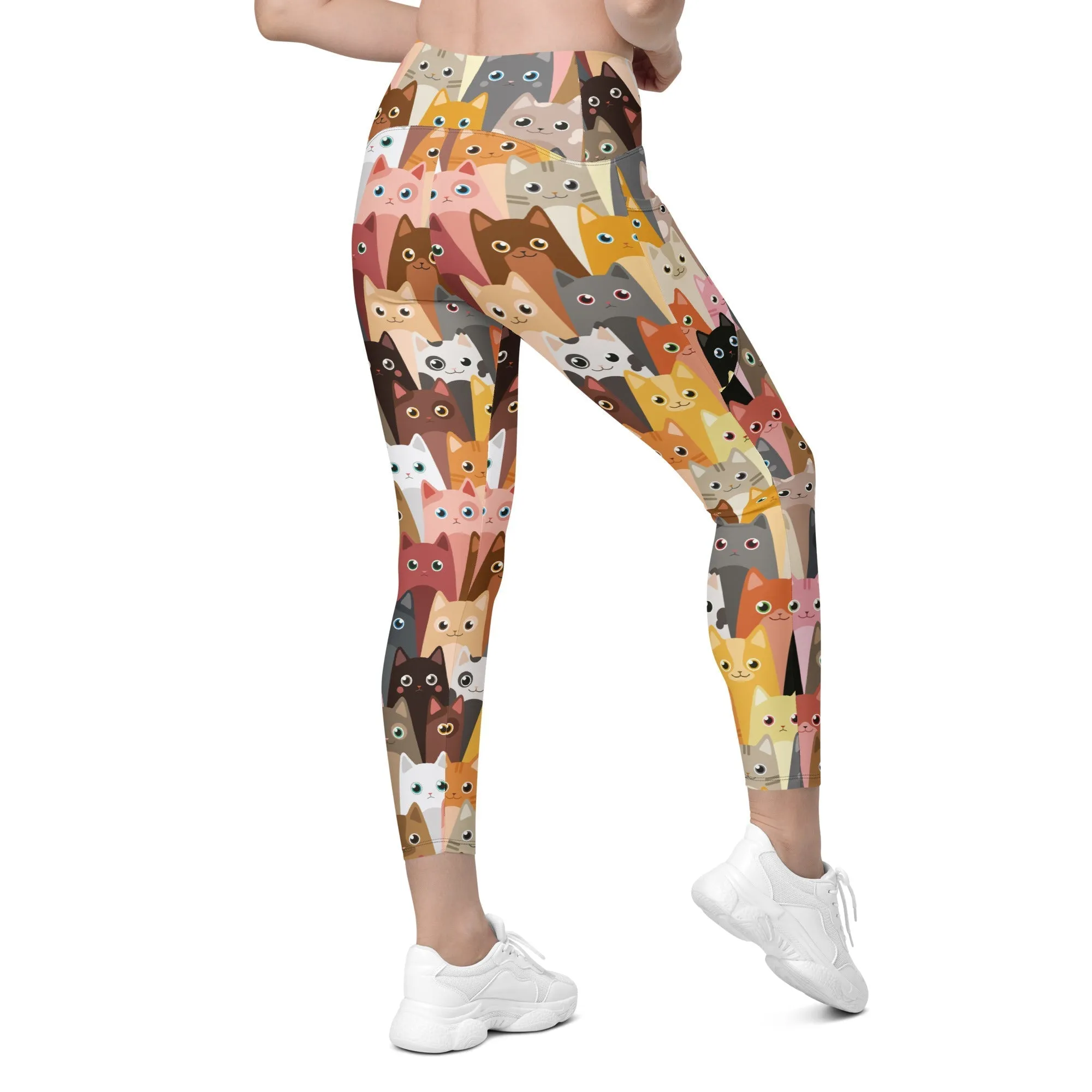 Cartoon Cats Crossover Leggings With Pockets