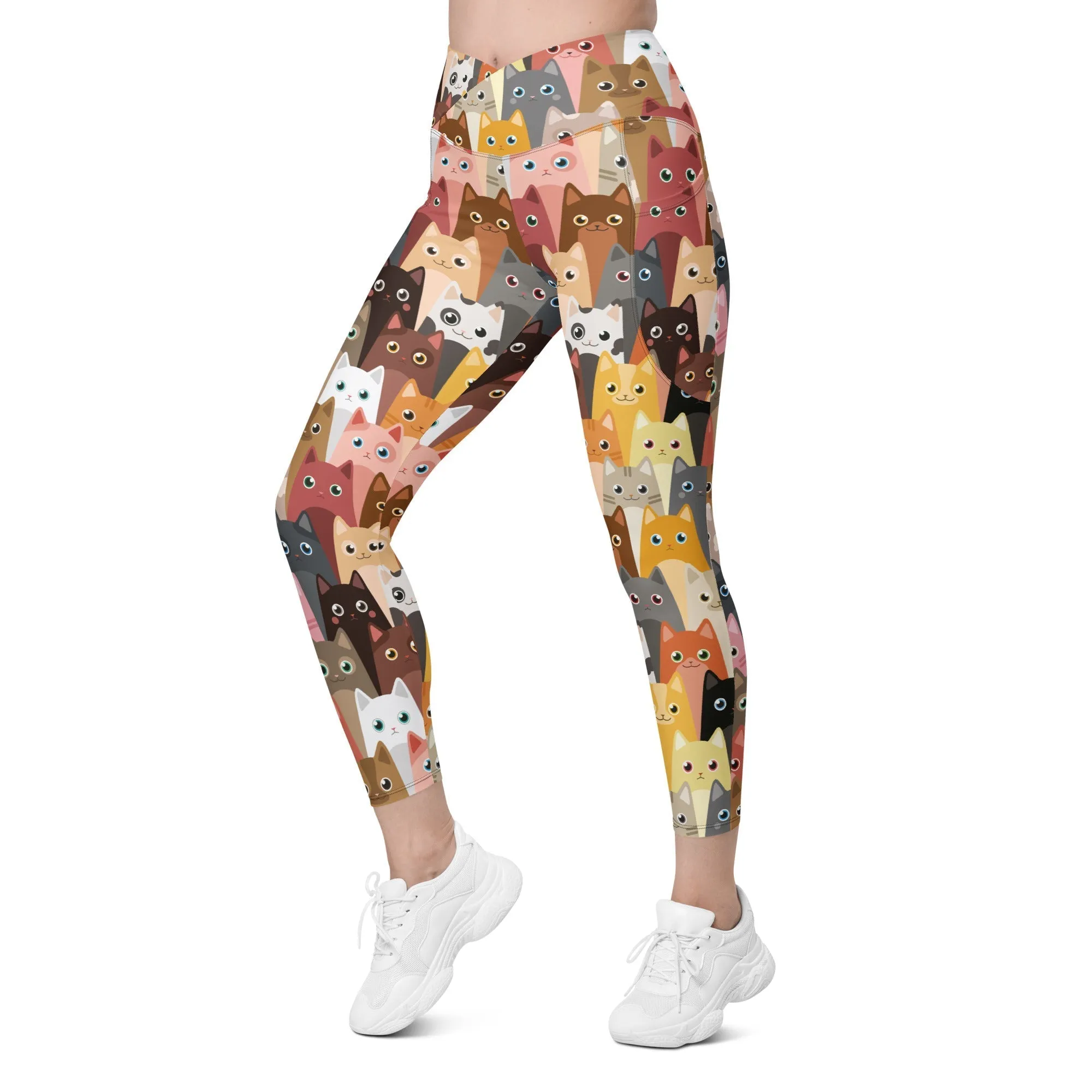 Cartoon Cats Crossover Leggings With Pockets