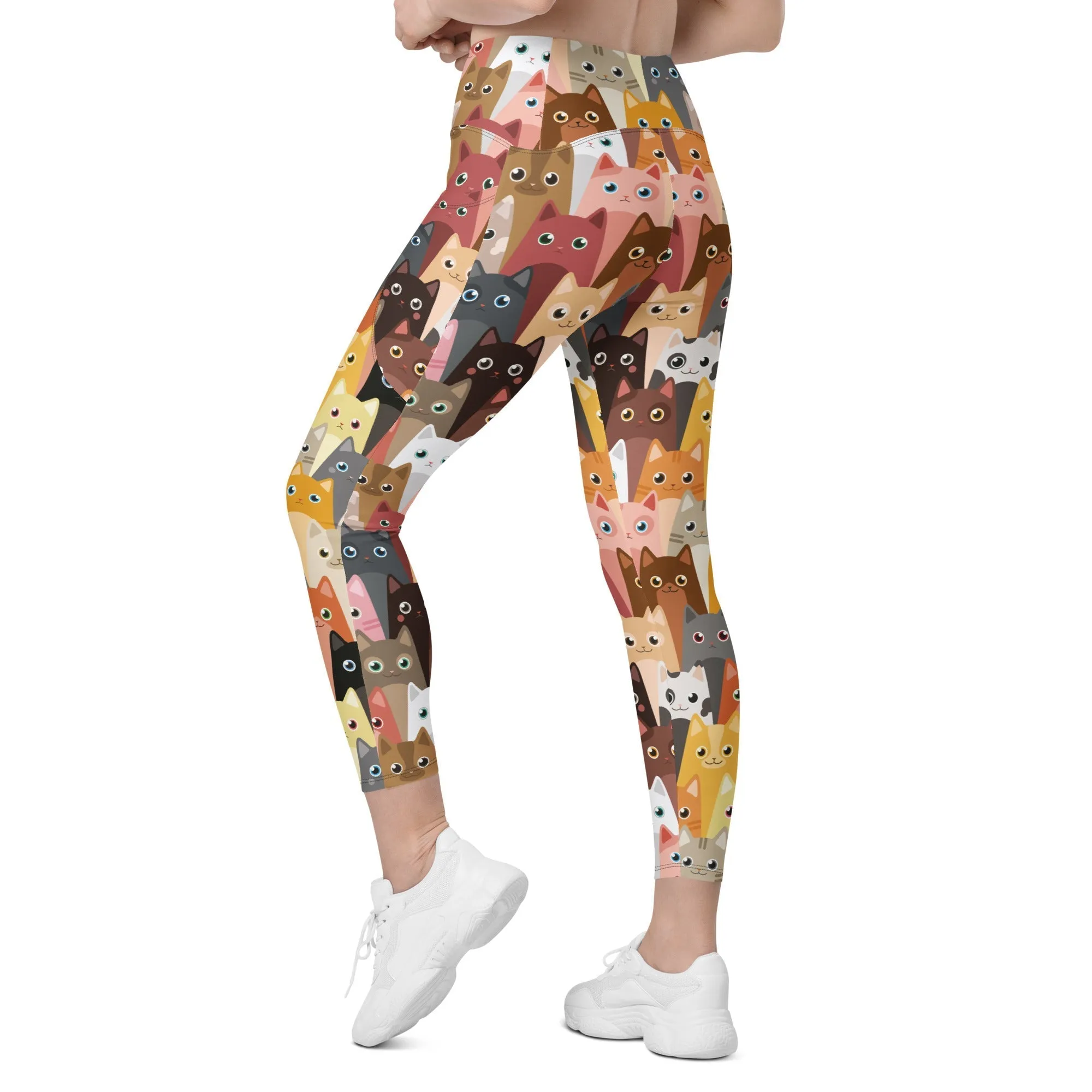 Cartoon Cats Crossover Leggings With Pockets