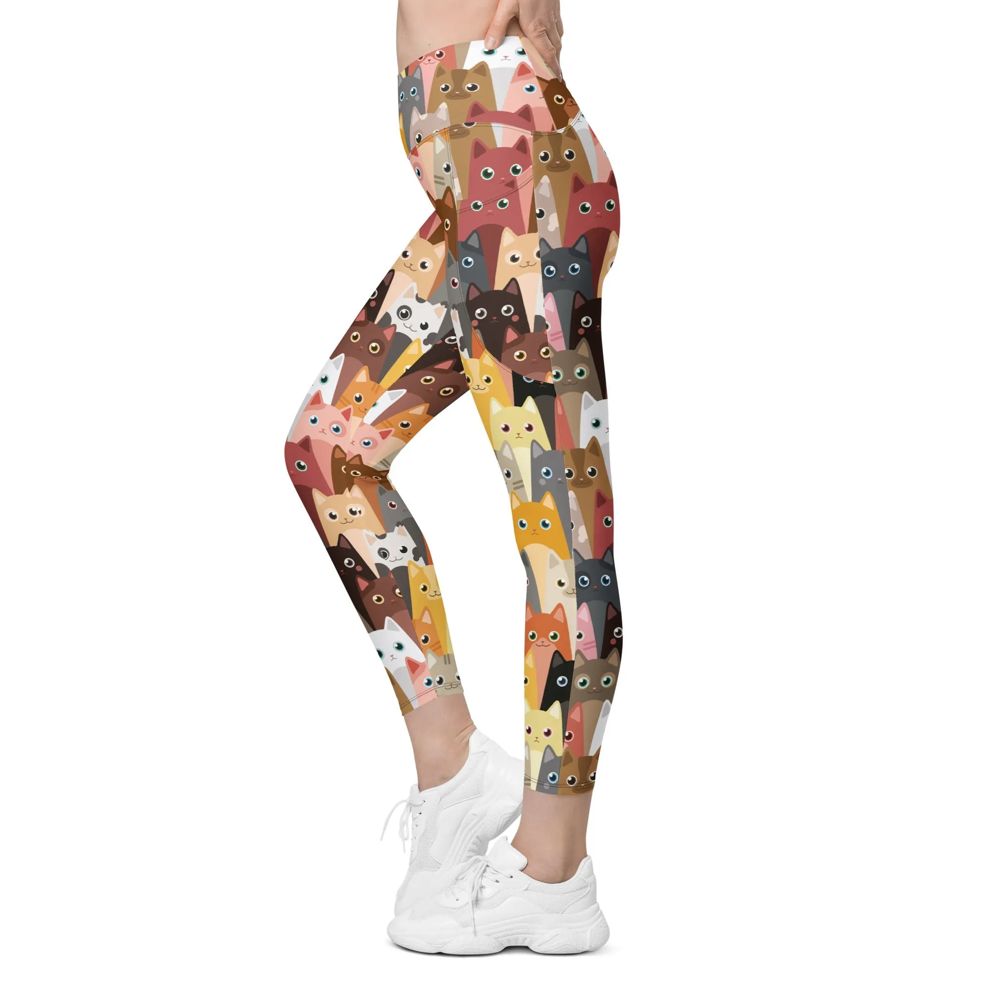 Cartoon Cats Crossover Leggings With Pockets