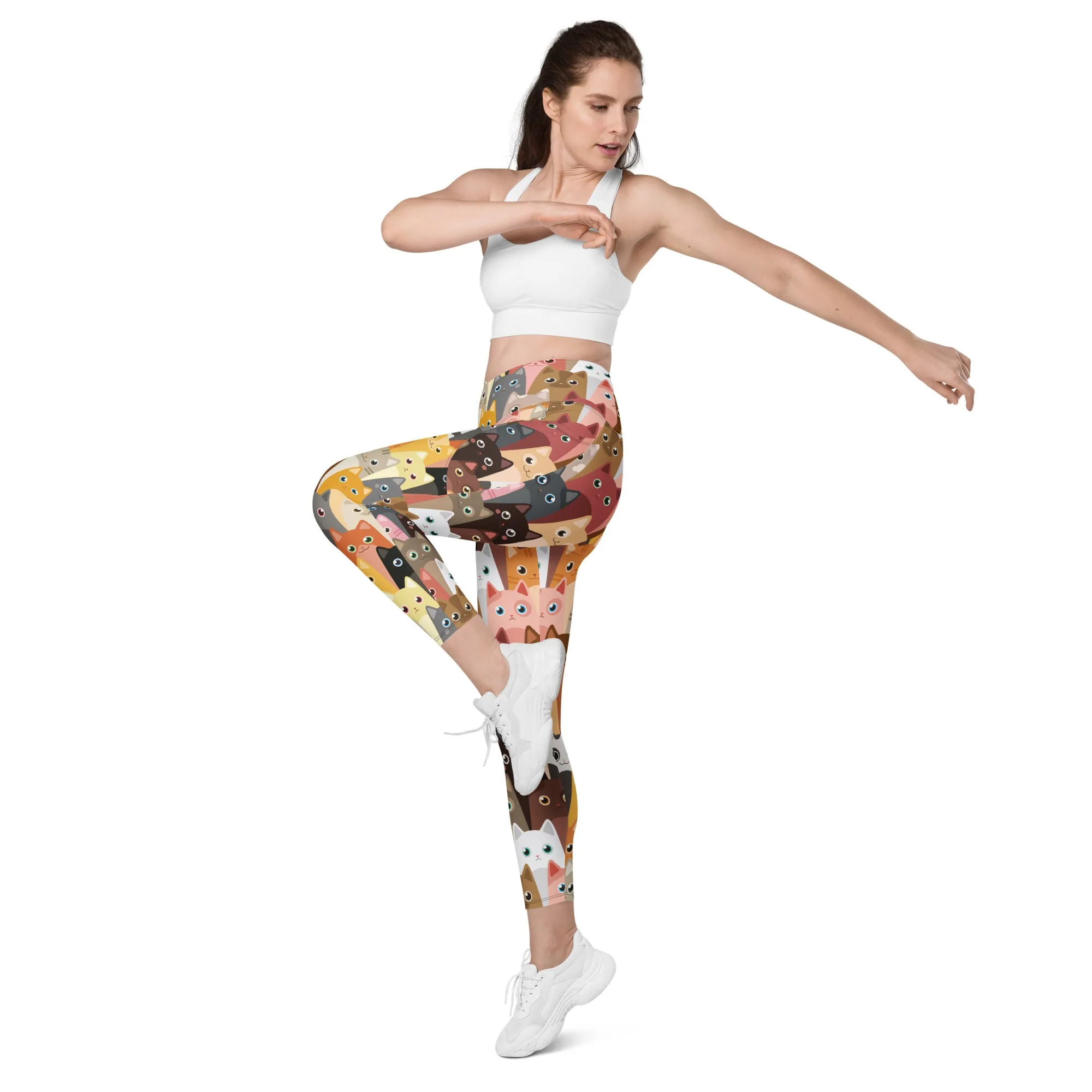 Cartoon Cats Crossover Leggings With Pockets