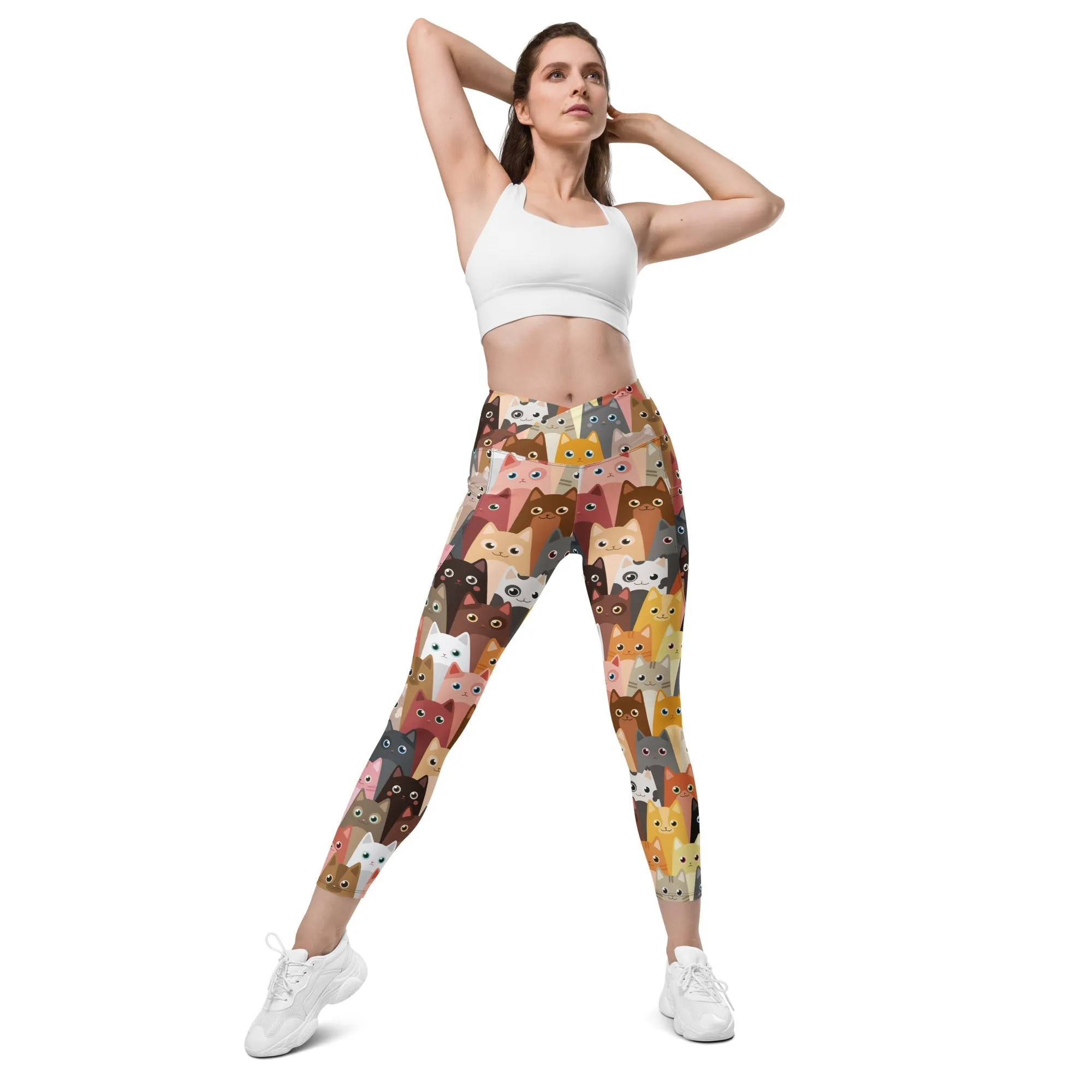 Cartoon Cats Crossover Leggings With Pockets