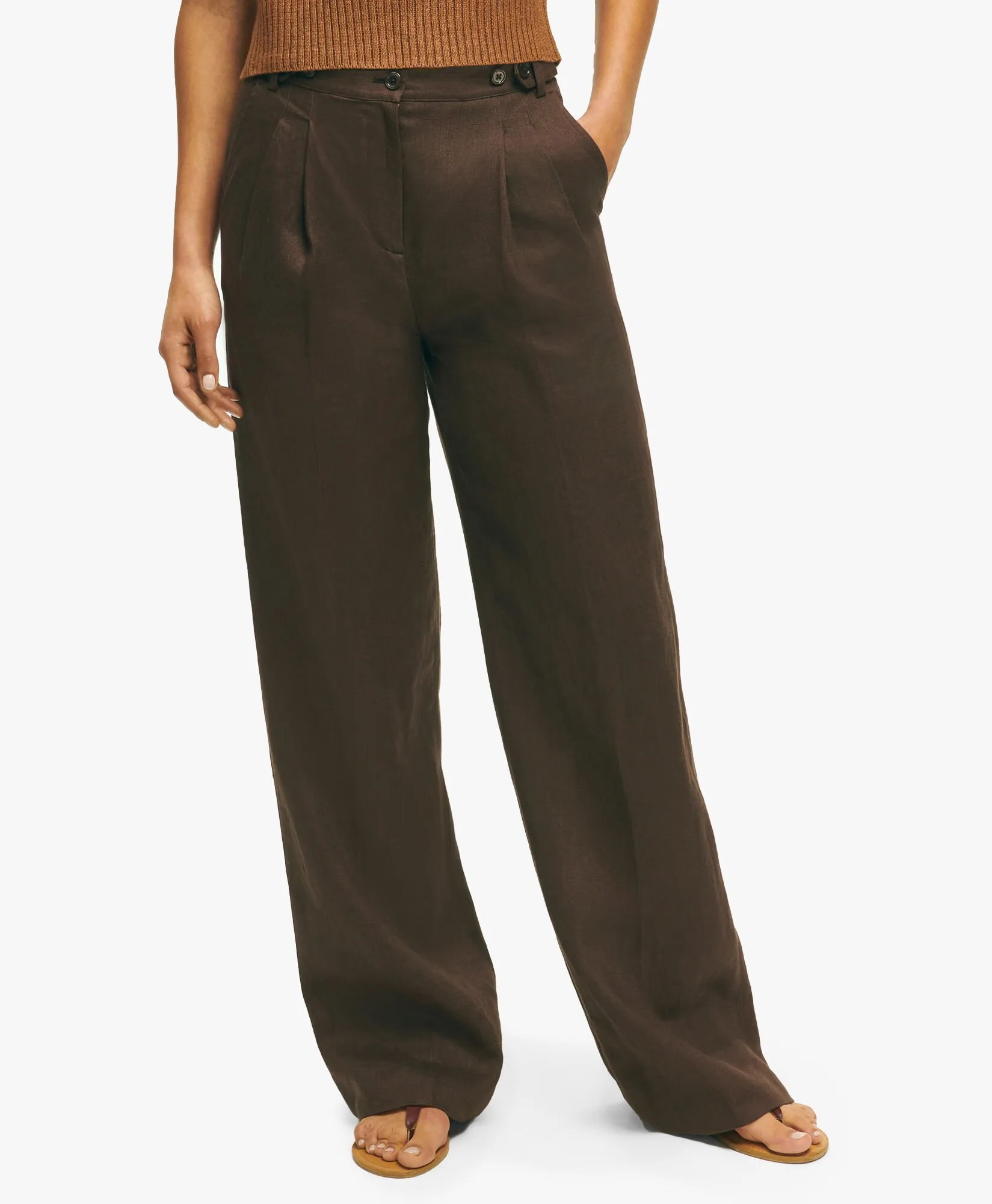 Chocolate Brown Pleated Wide-Leg Linen Trousers in Chocolate Brown for Women | Brooks Brothers® UK