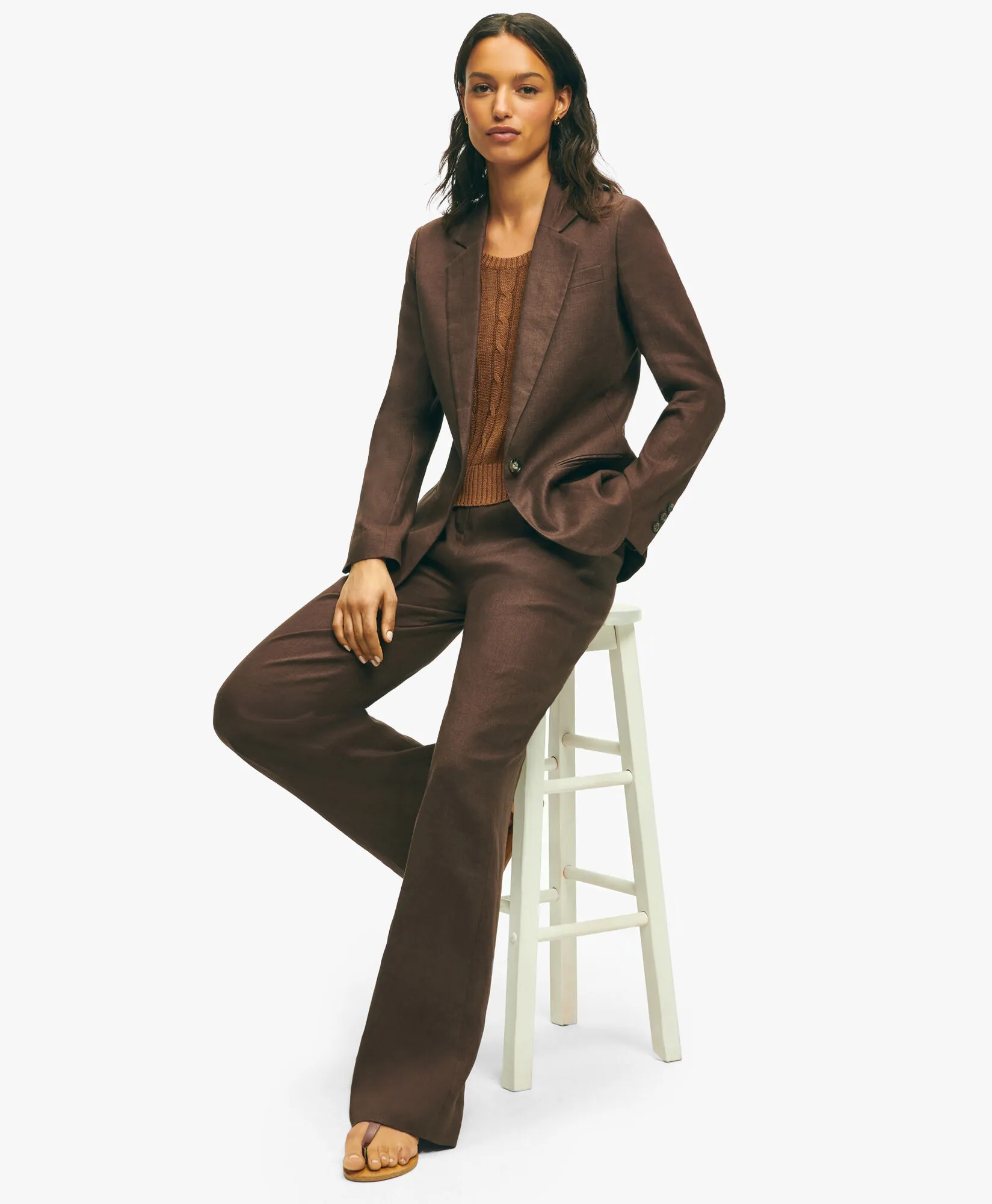 Chocolate Brown Pleated Wide-Leg Linen Trousers in Chocolate Brown for Women | Brooks Brothers® UK