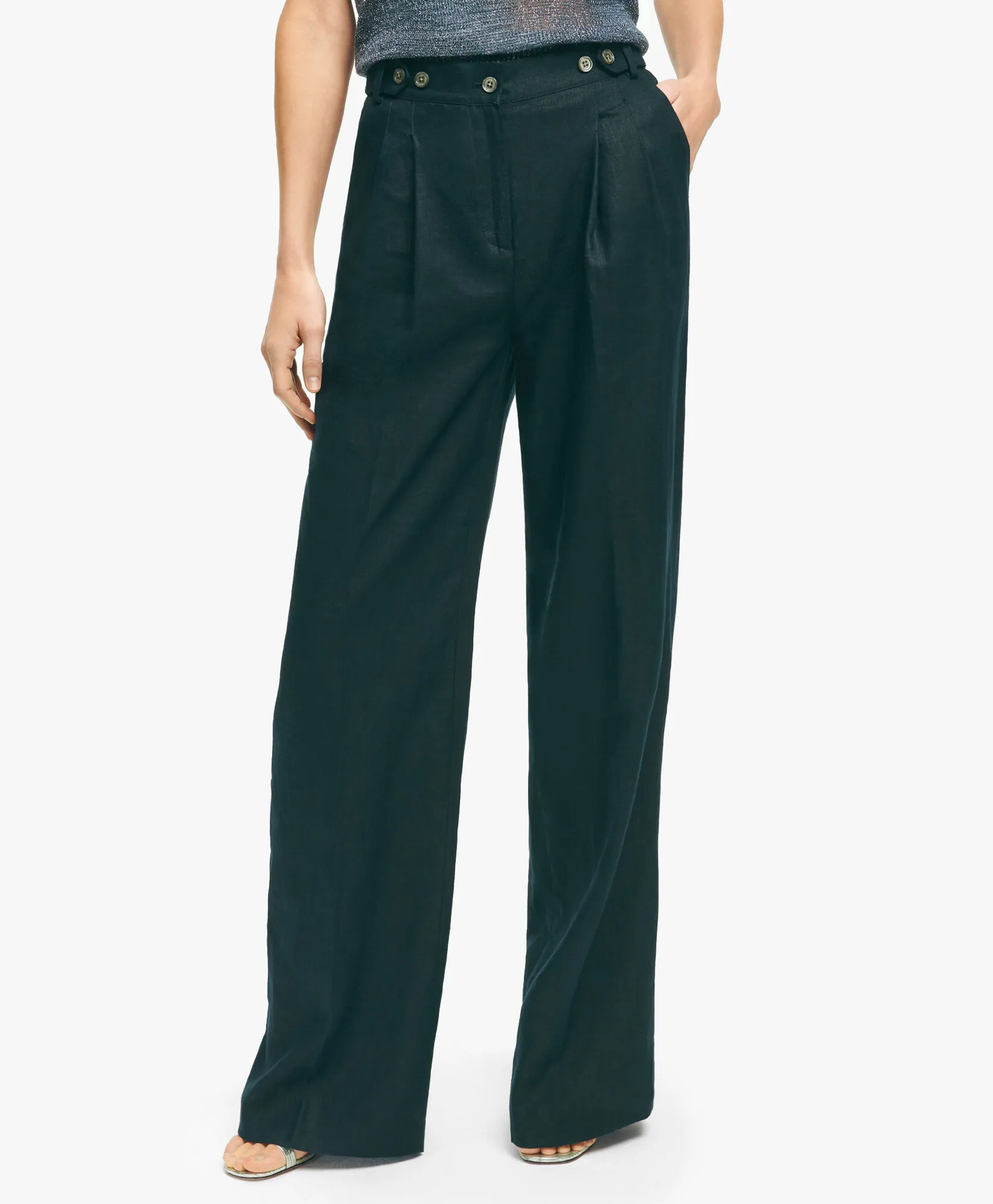 Chocolate Brown Pleated Wide-Leg Linen Trousers in Chocolate Brown for Women | Brooks Brothers® UK