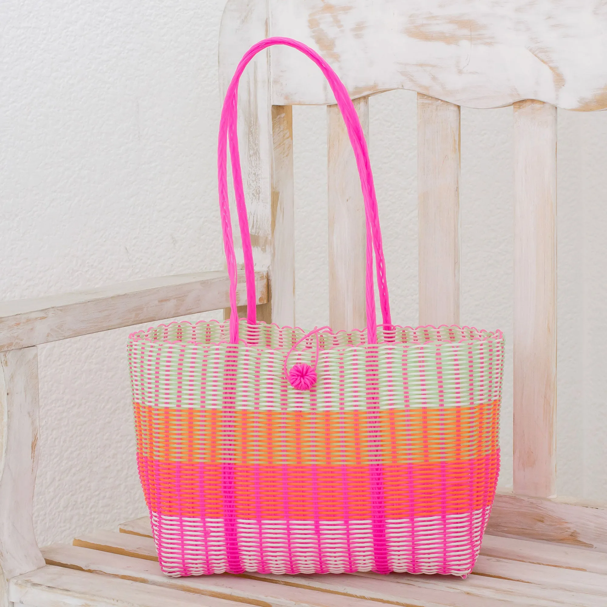 Colorful Season Handwoven Striped Plastic Shoulder Bag from Guatemala