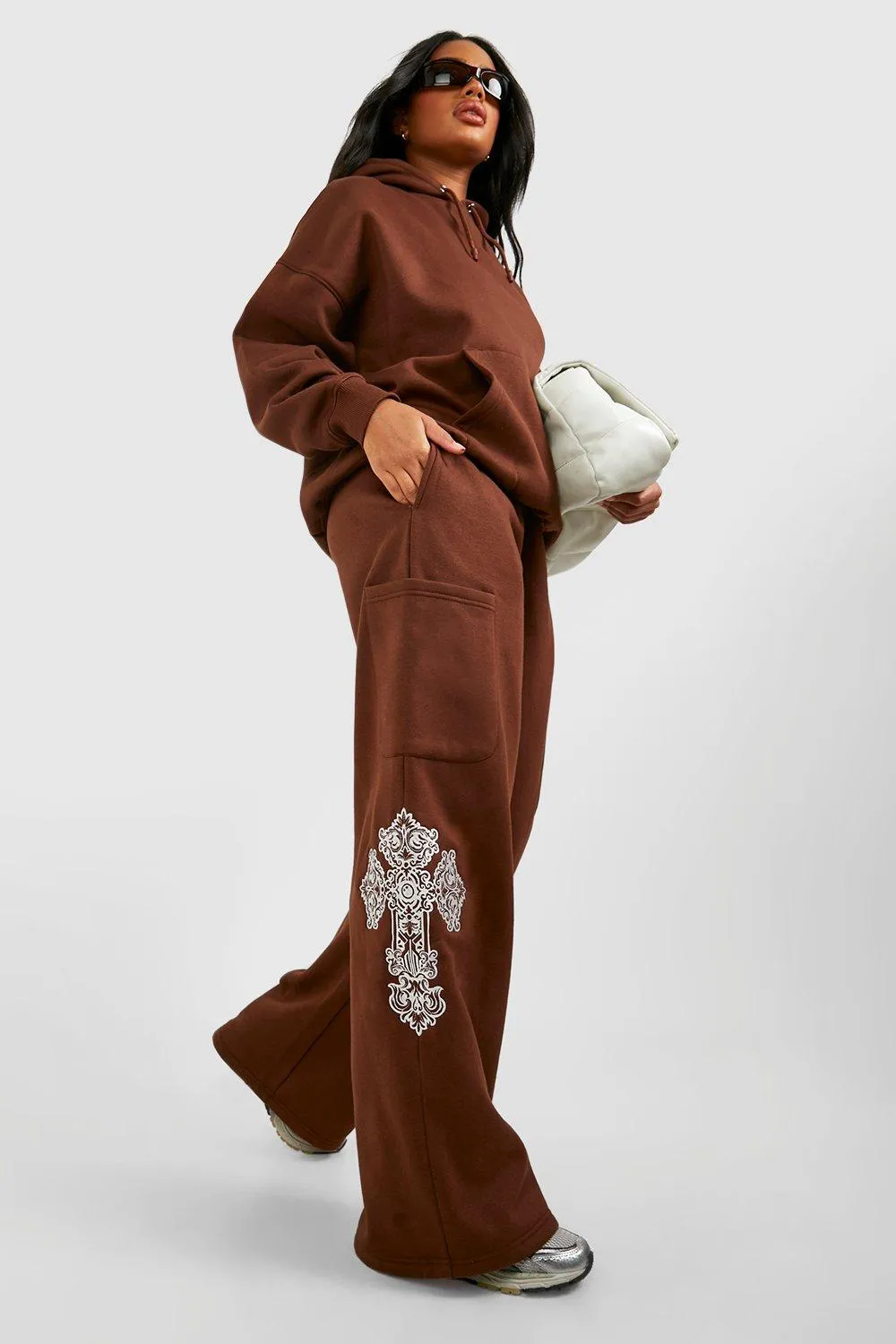 Cross Embroidered Cargo Pocket Wide Leg Joggers