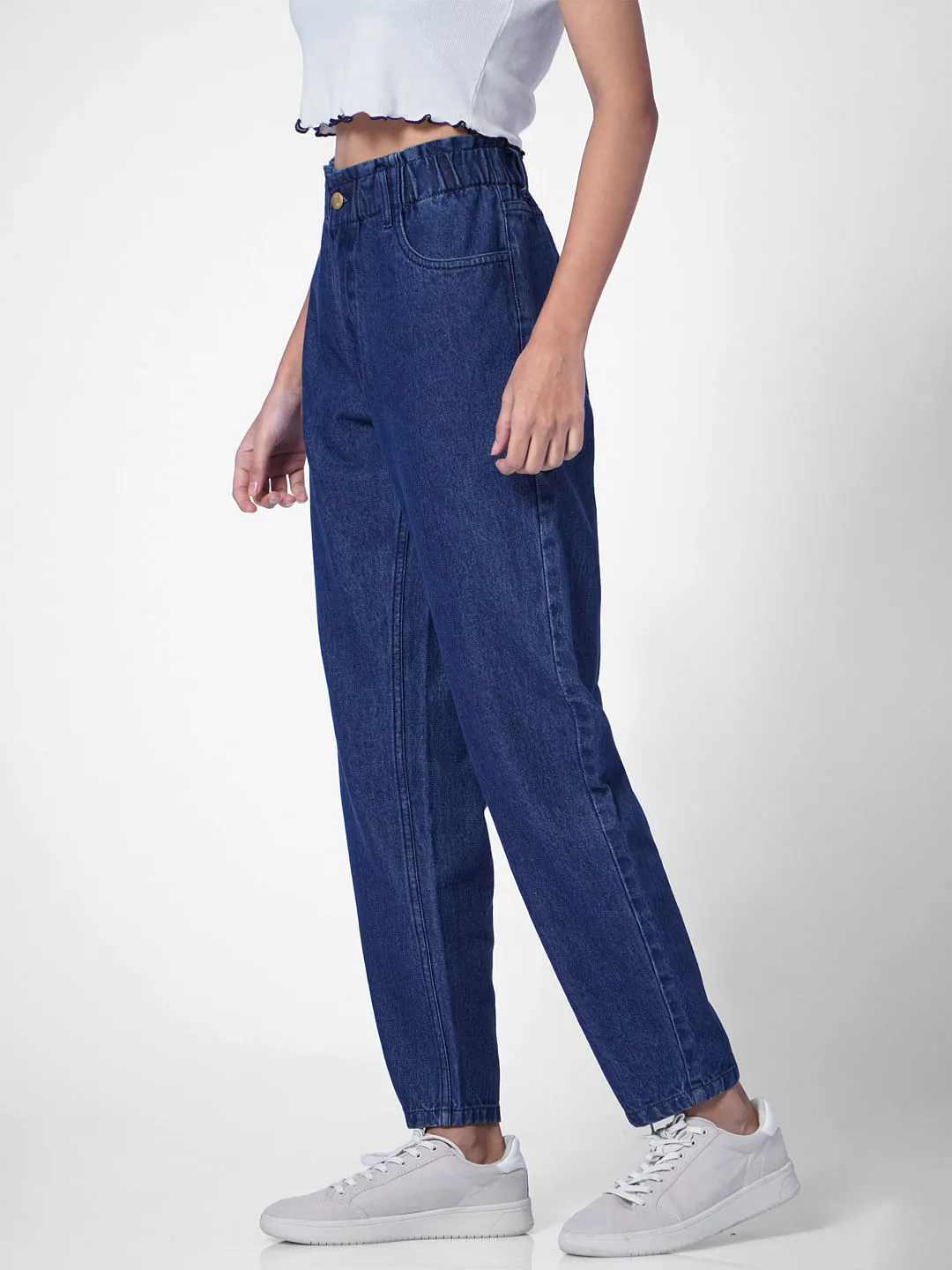 Dark Blue High Rise Paperbag Waist Carrot Jeans