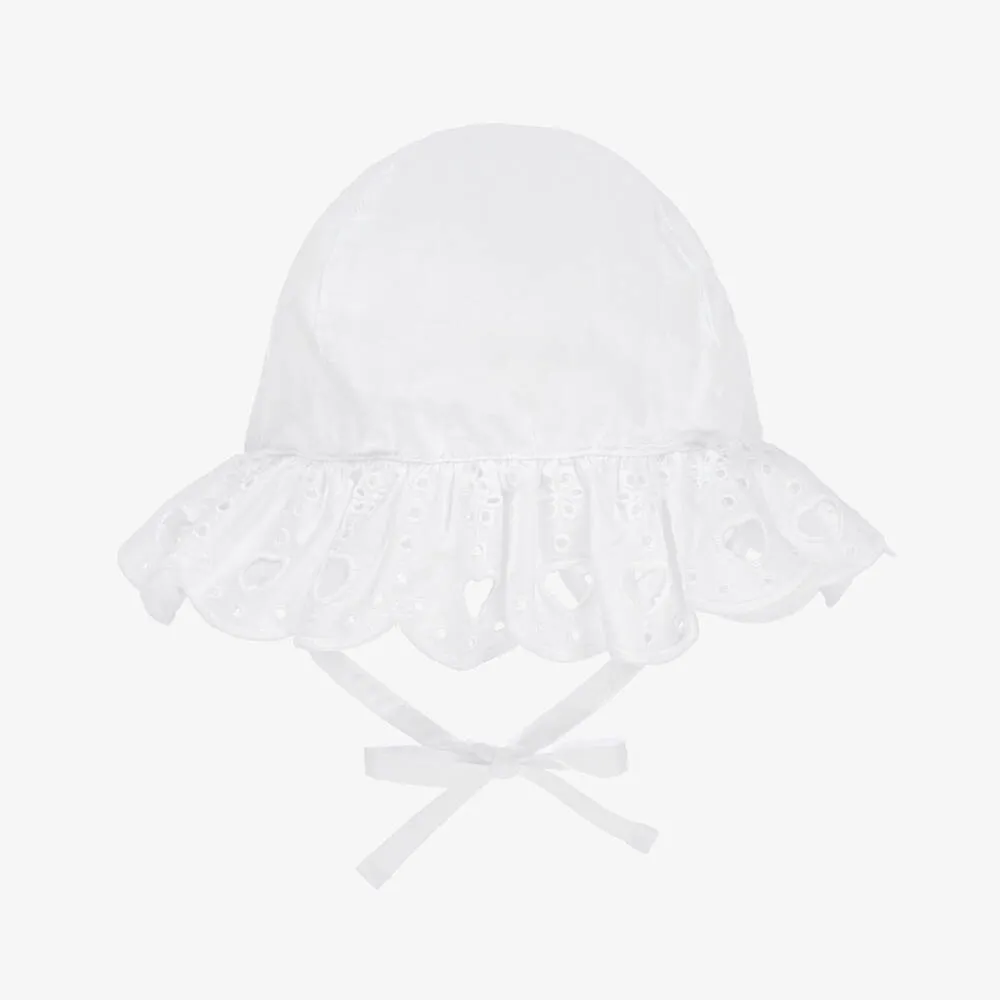 Girls White Cotton Broderie Anglaise Hat