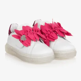 Girls White Leather & Pink Petal Trainers