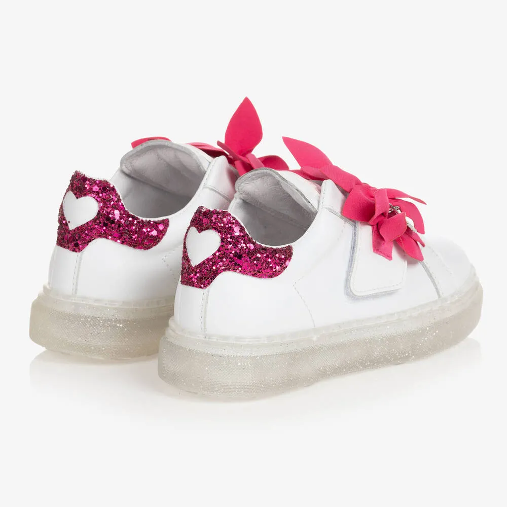 Girls White Leather & Pink Petal Trainers