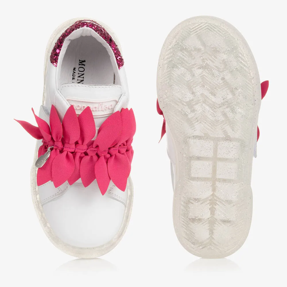 Girls White Leather & Pink Petal Trainers