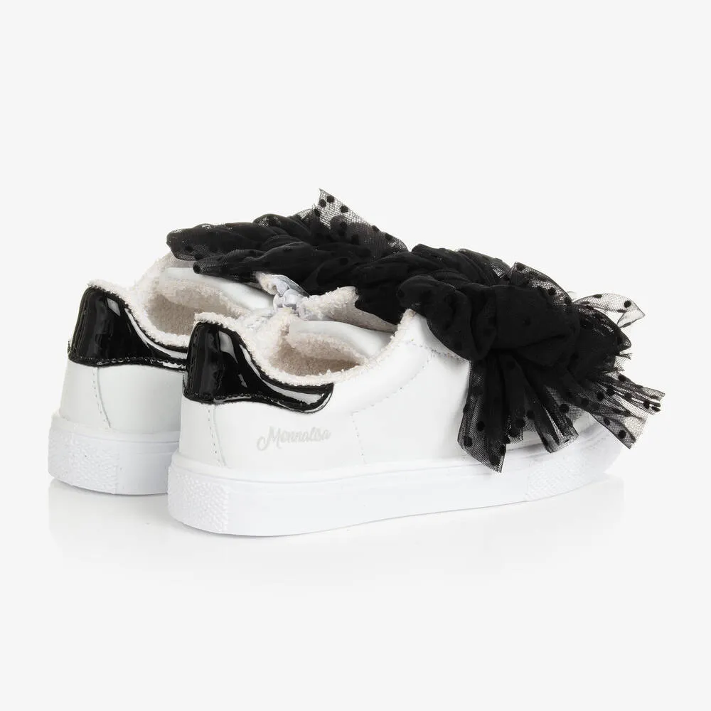 Girls White Leather & Tulle Bow Trainers