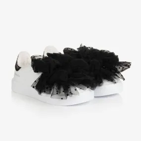 Girls White Leather & Tulle Bow Trainers