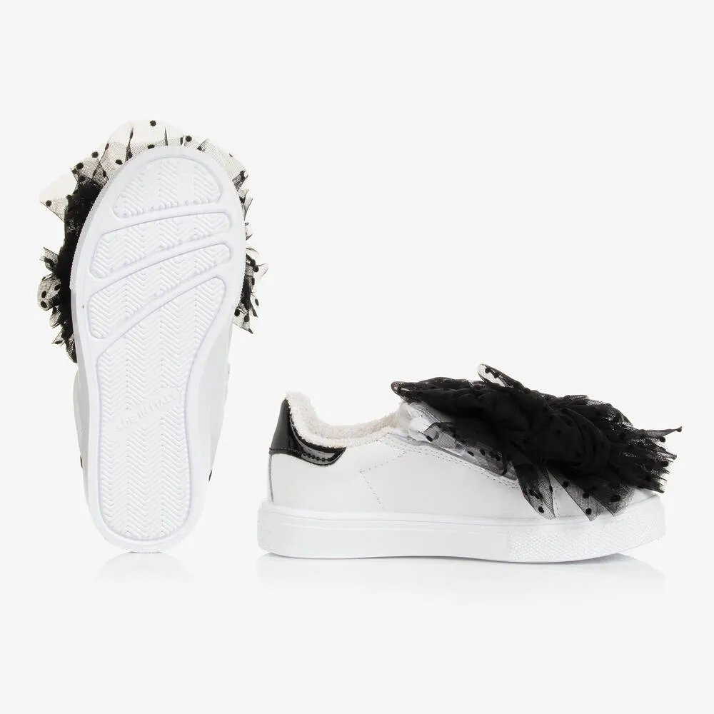 Girls White Leather & Tulle Bow Trainers