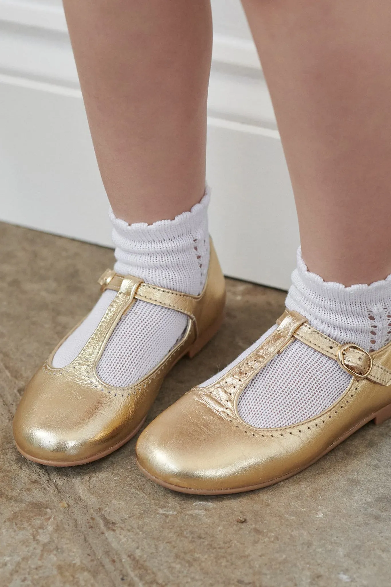 Gold Leather T Bar Shoes