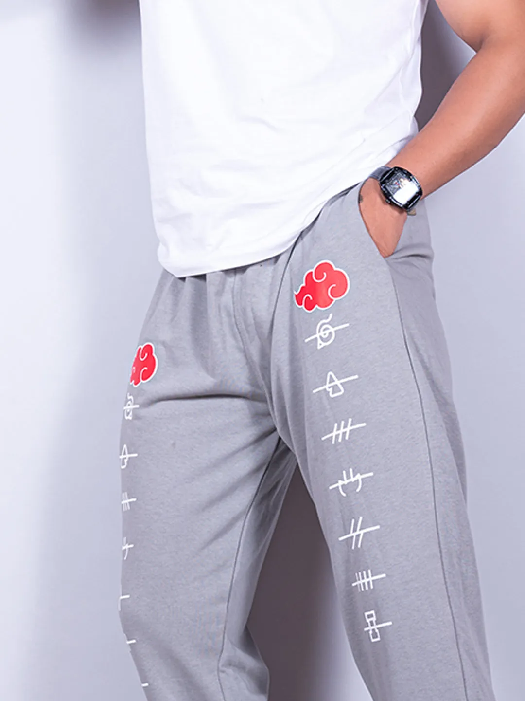 Grey Anime Akatsuki Cloud Printed Cotton Joggers