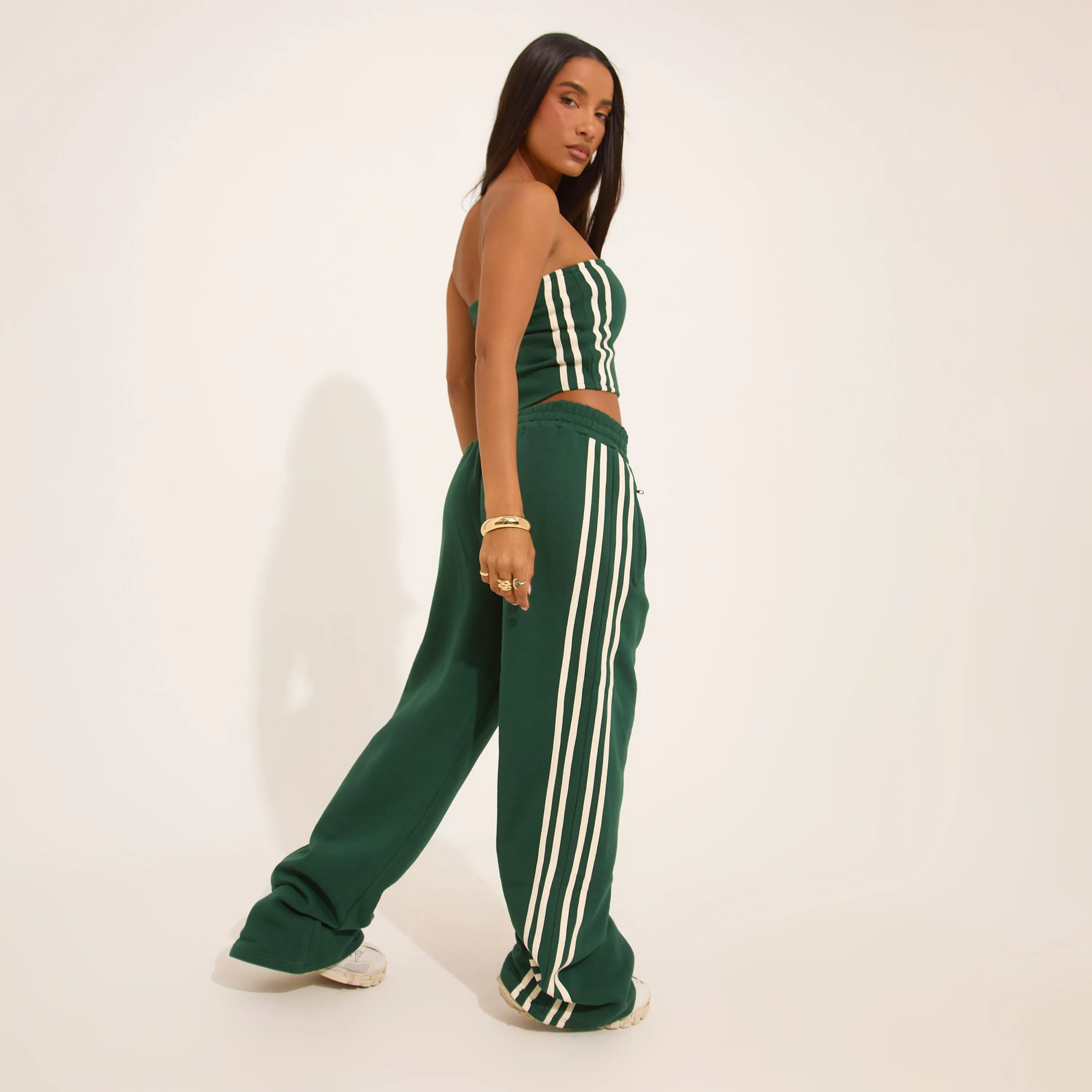 High Waist Contrast Stripe Detail Wide Leg Joggers In Forest Green