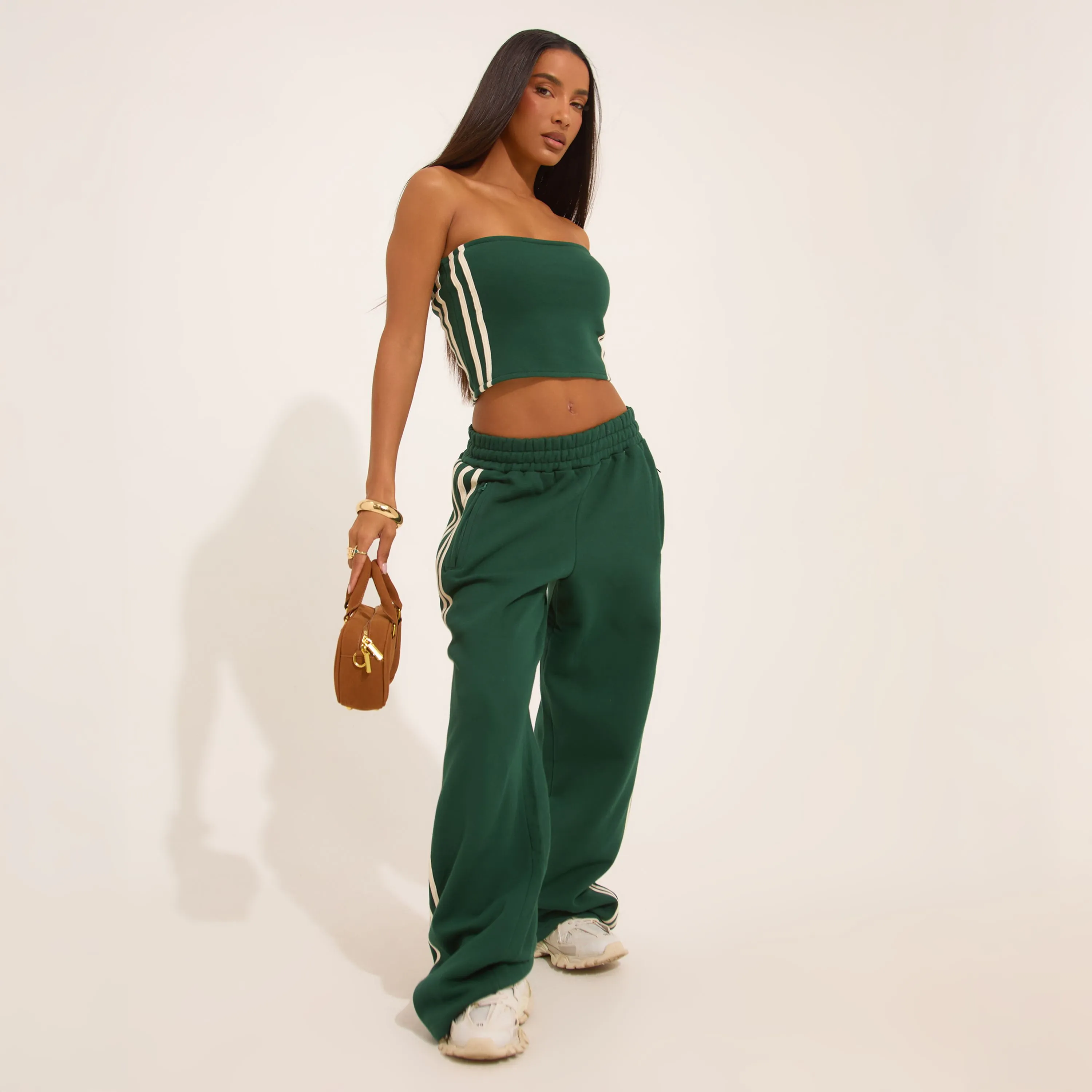 High Waist Contrast Stripe Detail Wide Leg Joggers In Forest Green