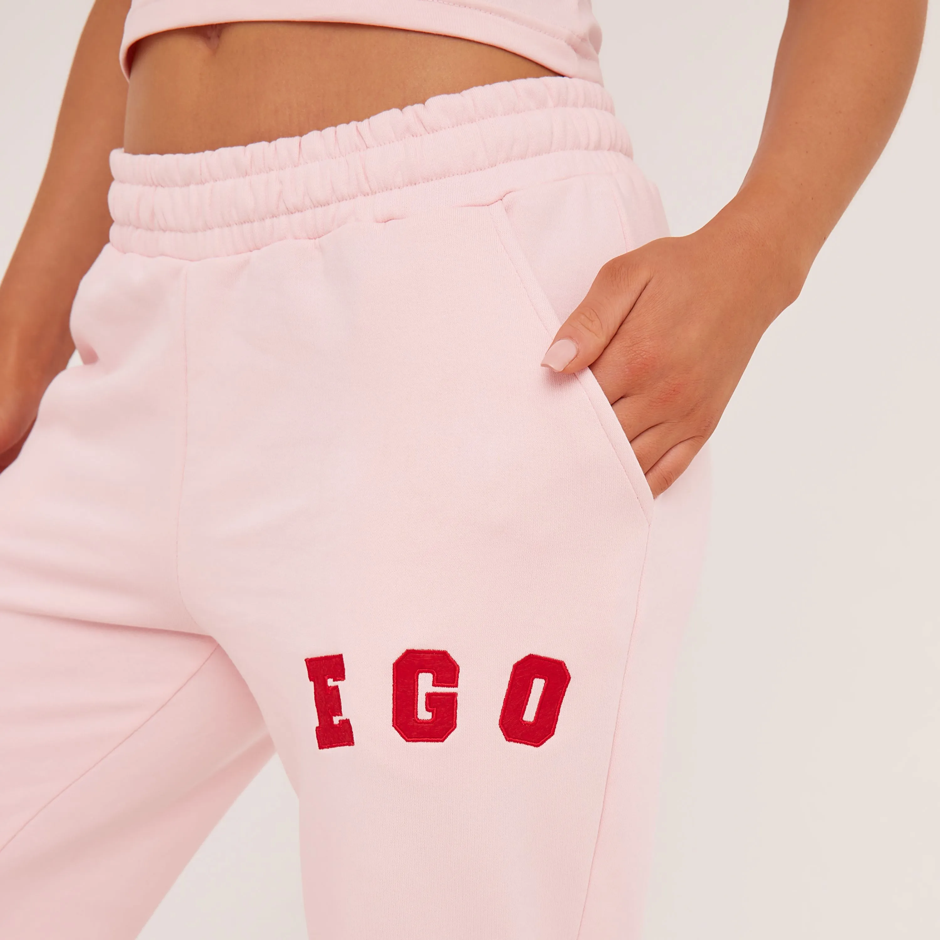 High Waist Ego Slogan Straight Leg Joggers In Baby Pink